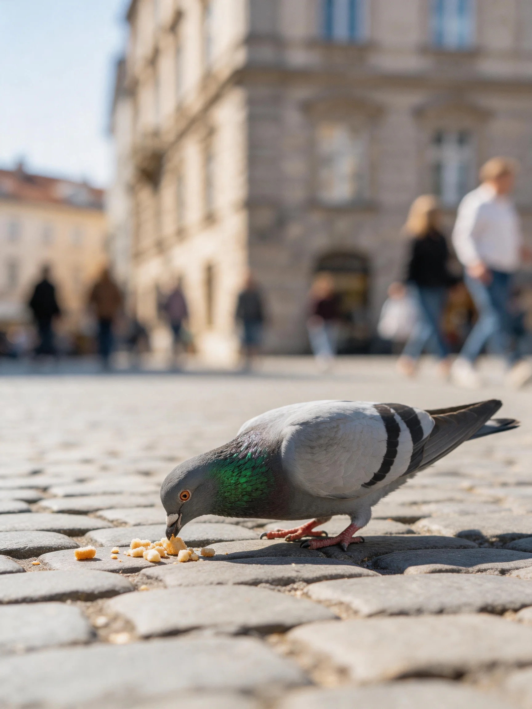 A gray pigeon eats crumbs on a cobblestone plaza near historic buildings