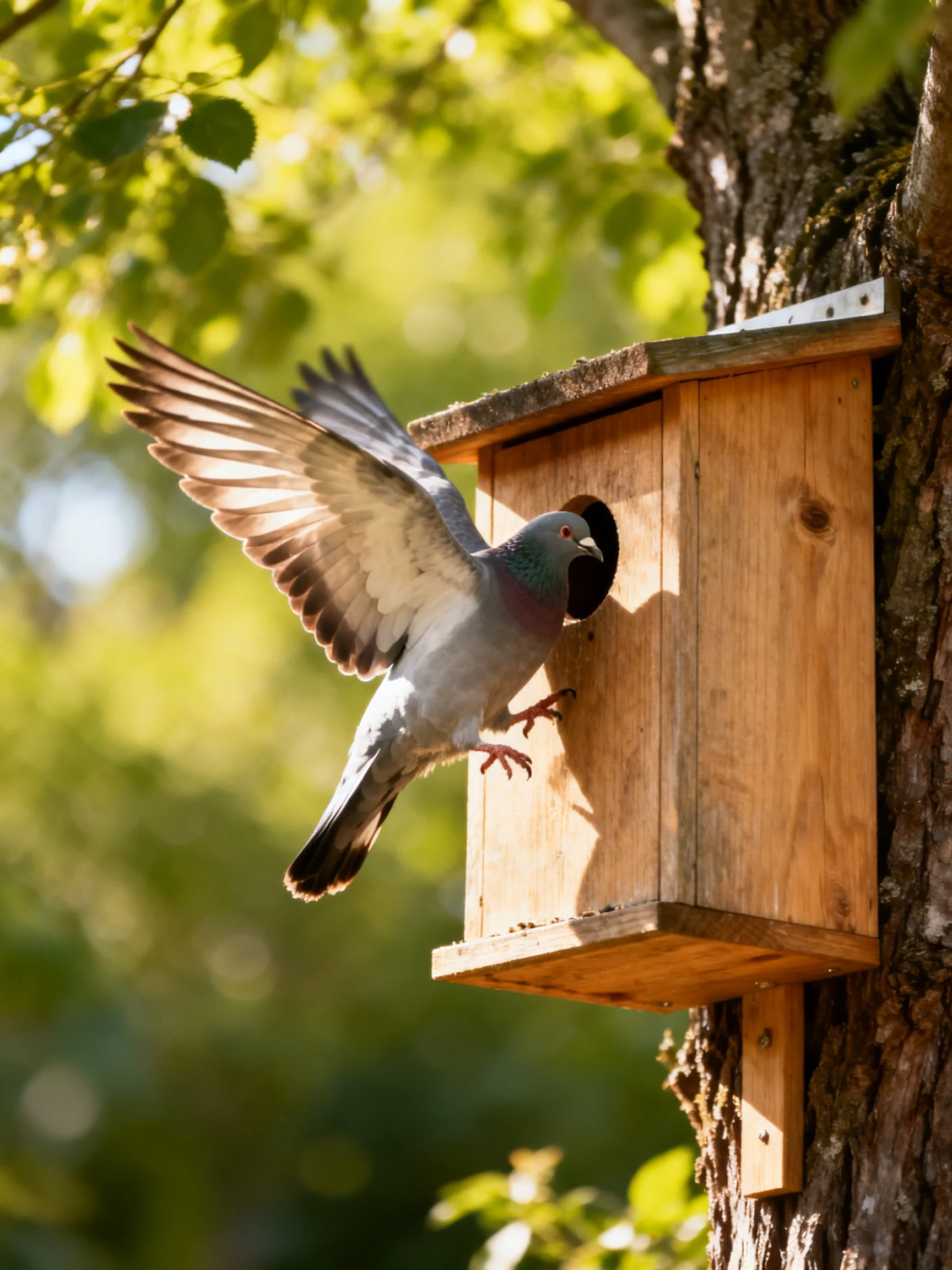 A gray pigeon flies toward a wooden birdhouse attached to a tree