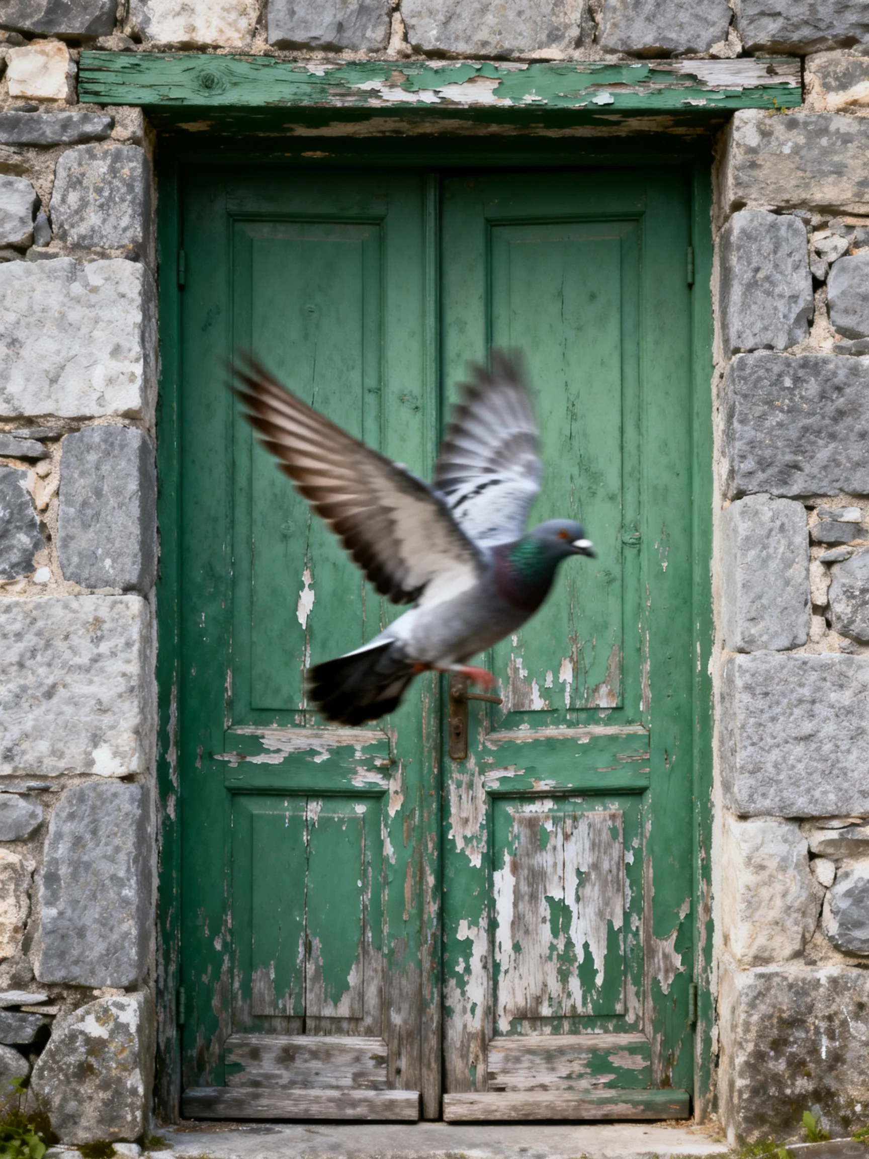 A gray pigeon flies toward weathered green double doors in a stone wall