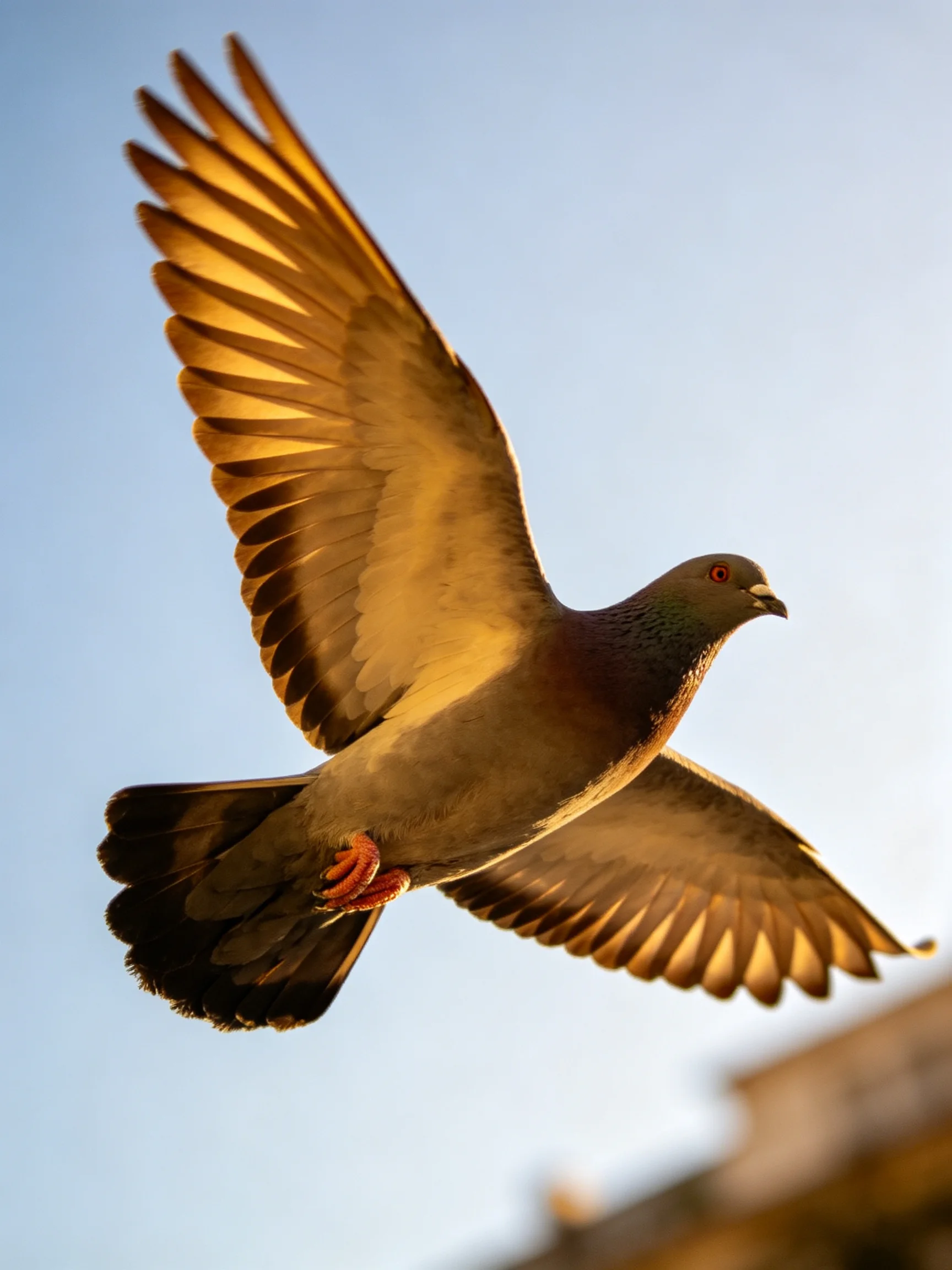 A gray pigeon flies with golden wings against a clear sky
