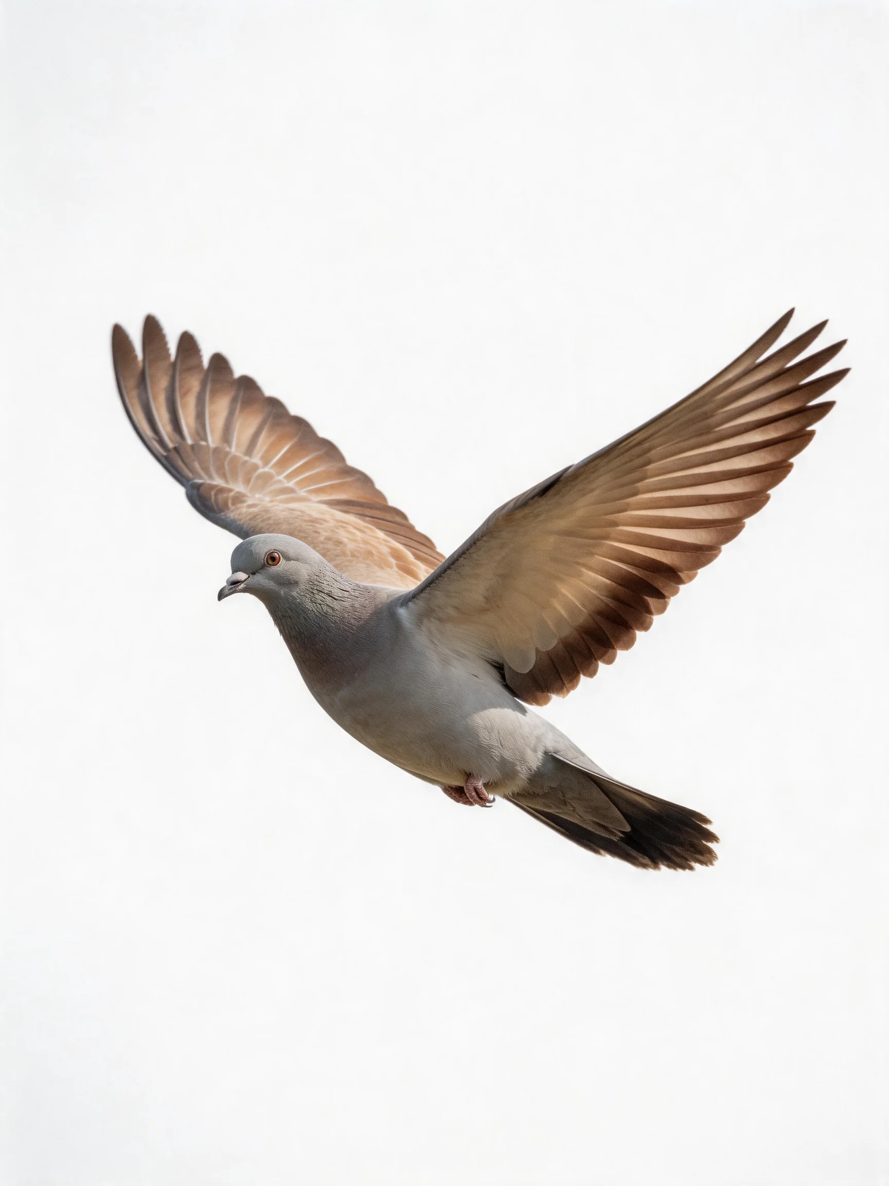 A gray pigeon flies with outstretched brown wings against a bright sky