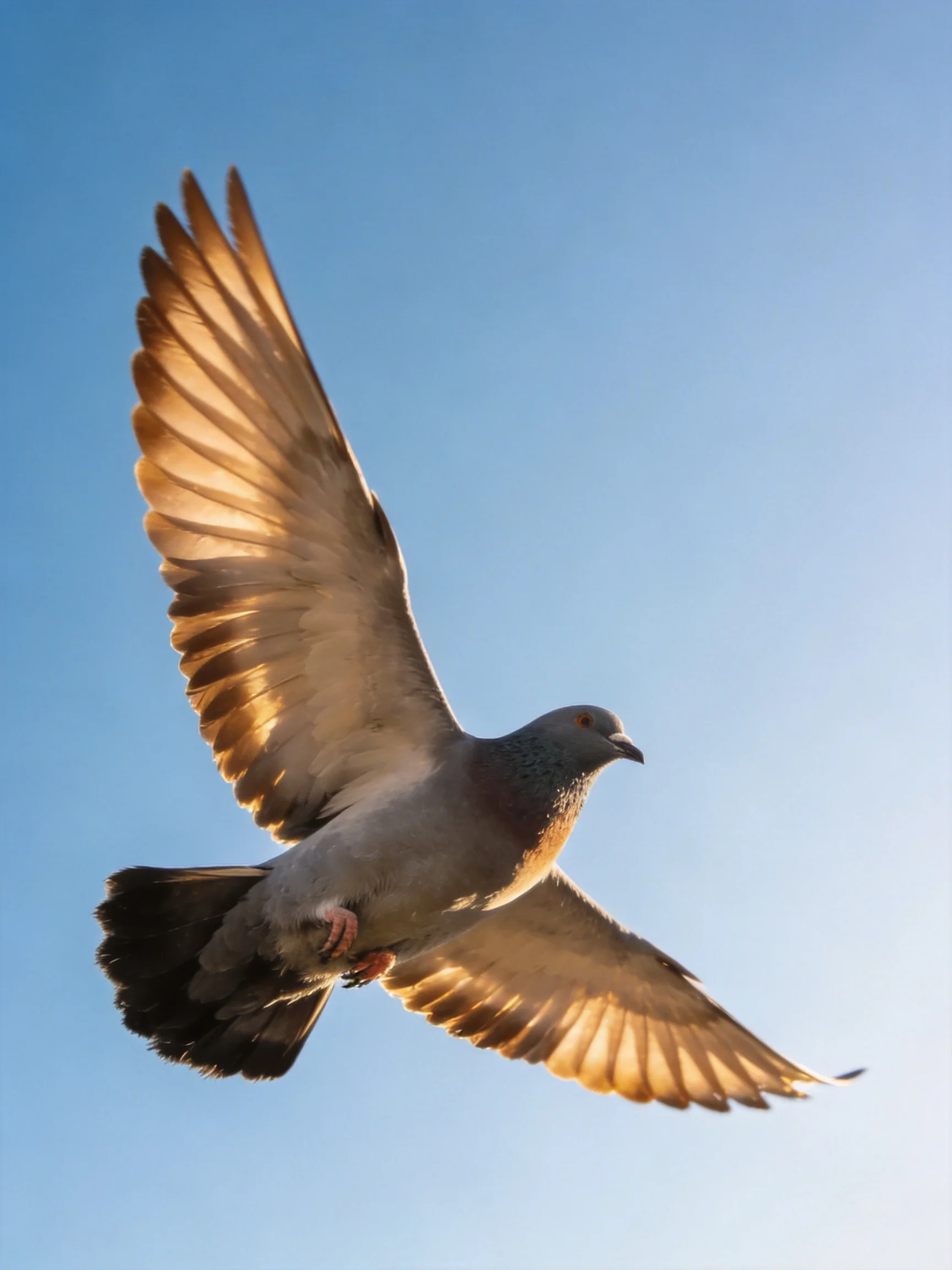 A gray pigeon flies with outstretched wings against a clear blue sky