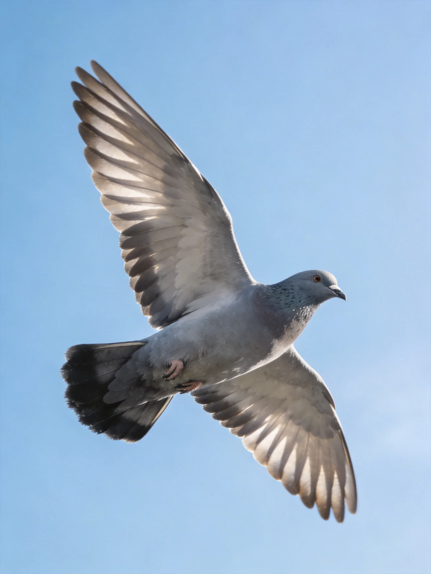 A gray pigeon flies with outstretched wings in bright daylight