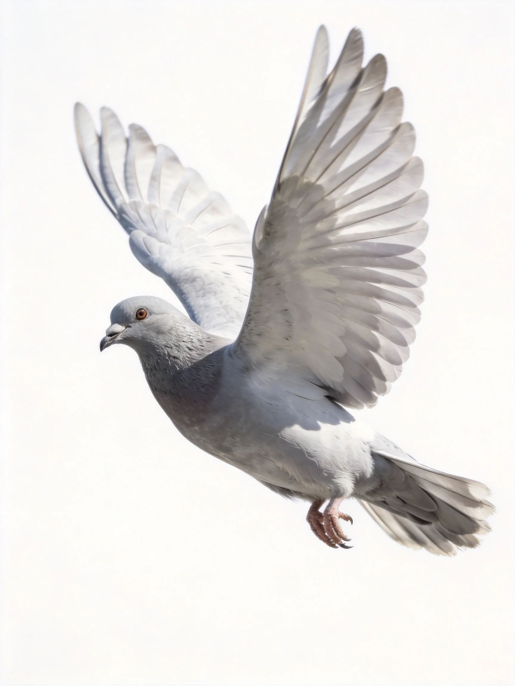 A gray pigeon flies with outstretched wings in bright light
