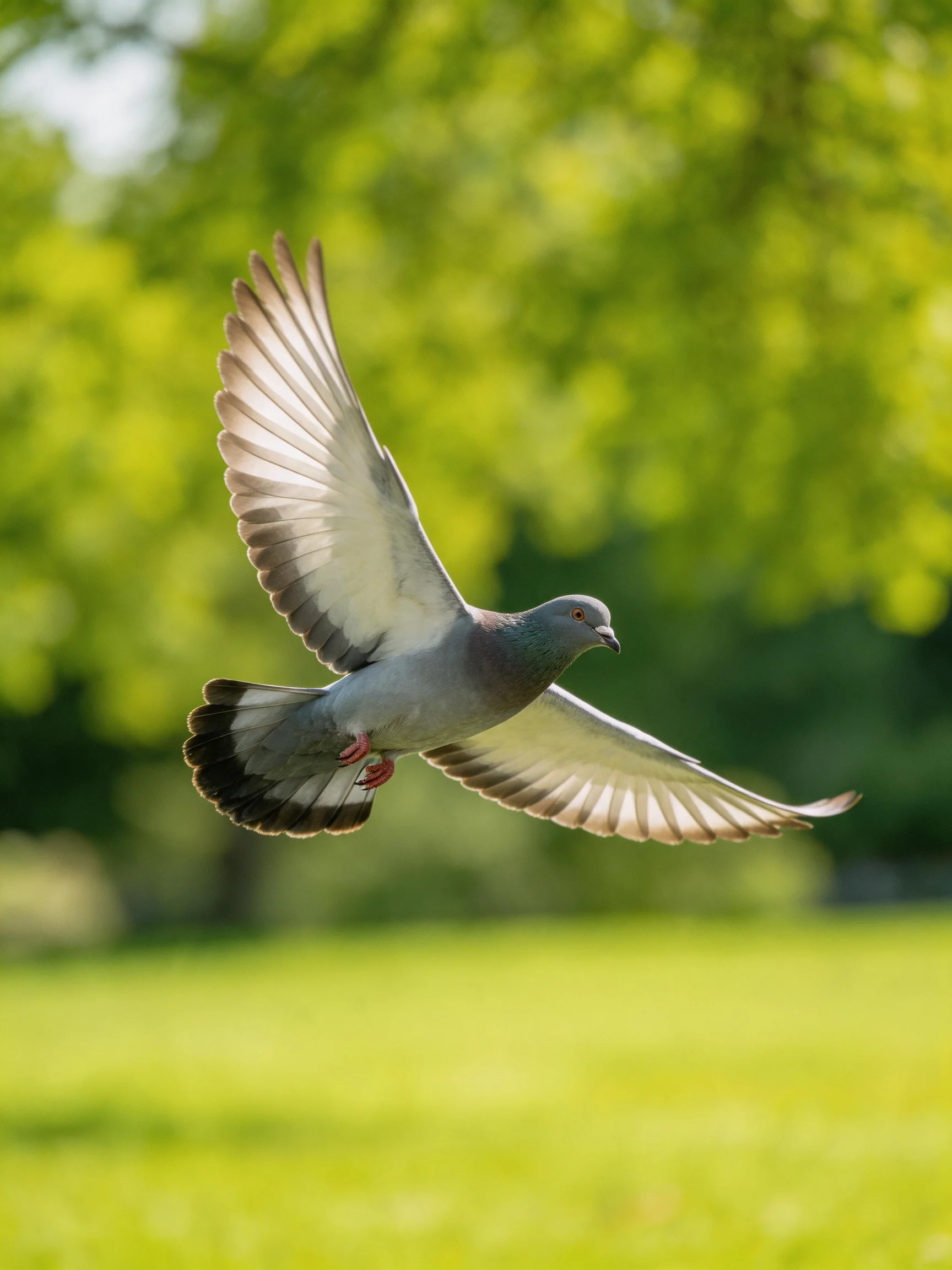 A gray pigeon flies with outstretched wings over vibrant green landscape