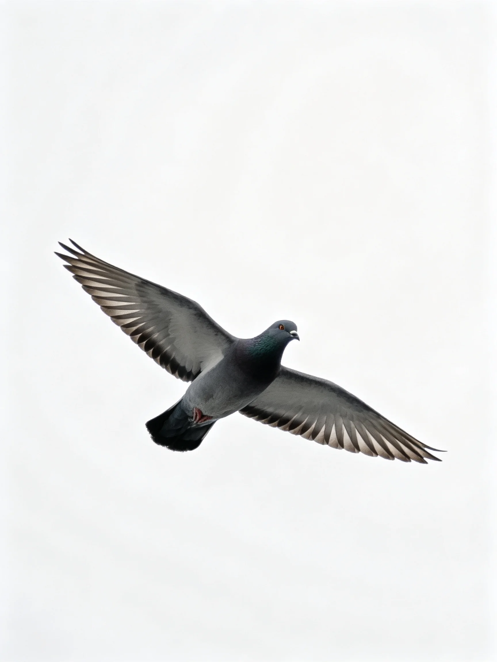 A gray pigeon flies with spread wings against a clear sky