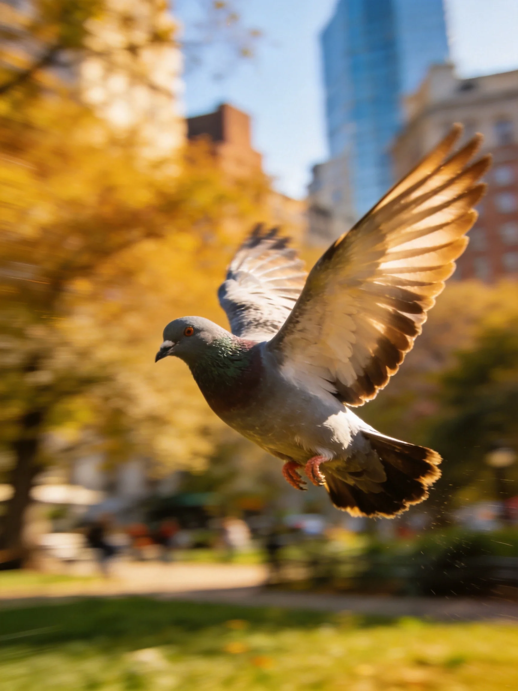 A gray pigeon flying near golden autumn trees in urban park