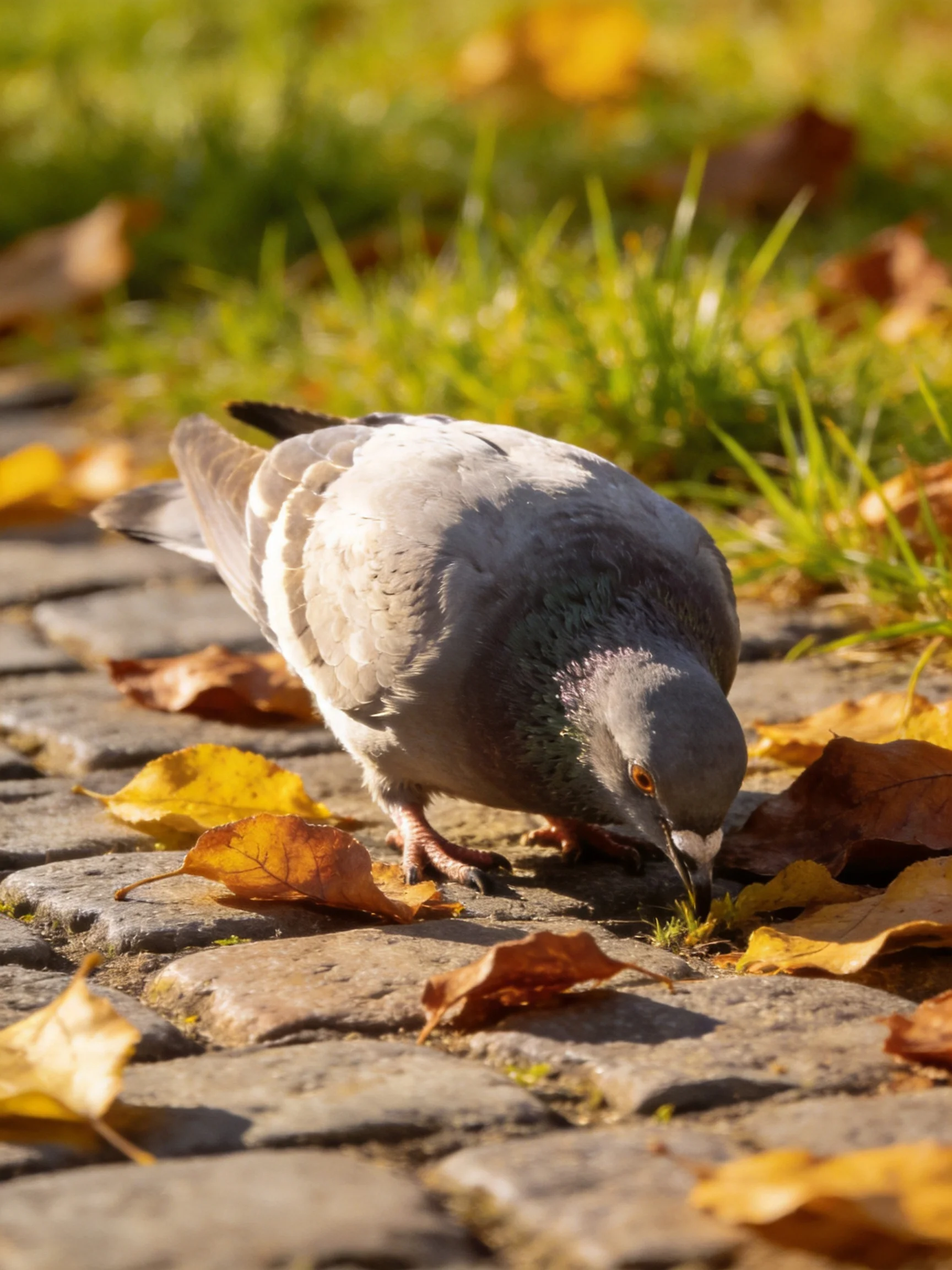 A gray pigeon foraging among brown fallen leaves on cobblestone pavement