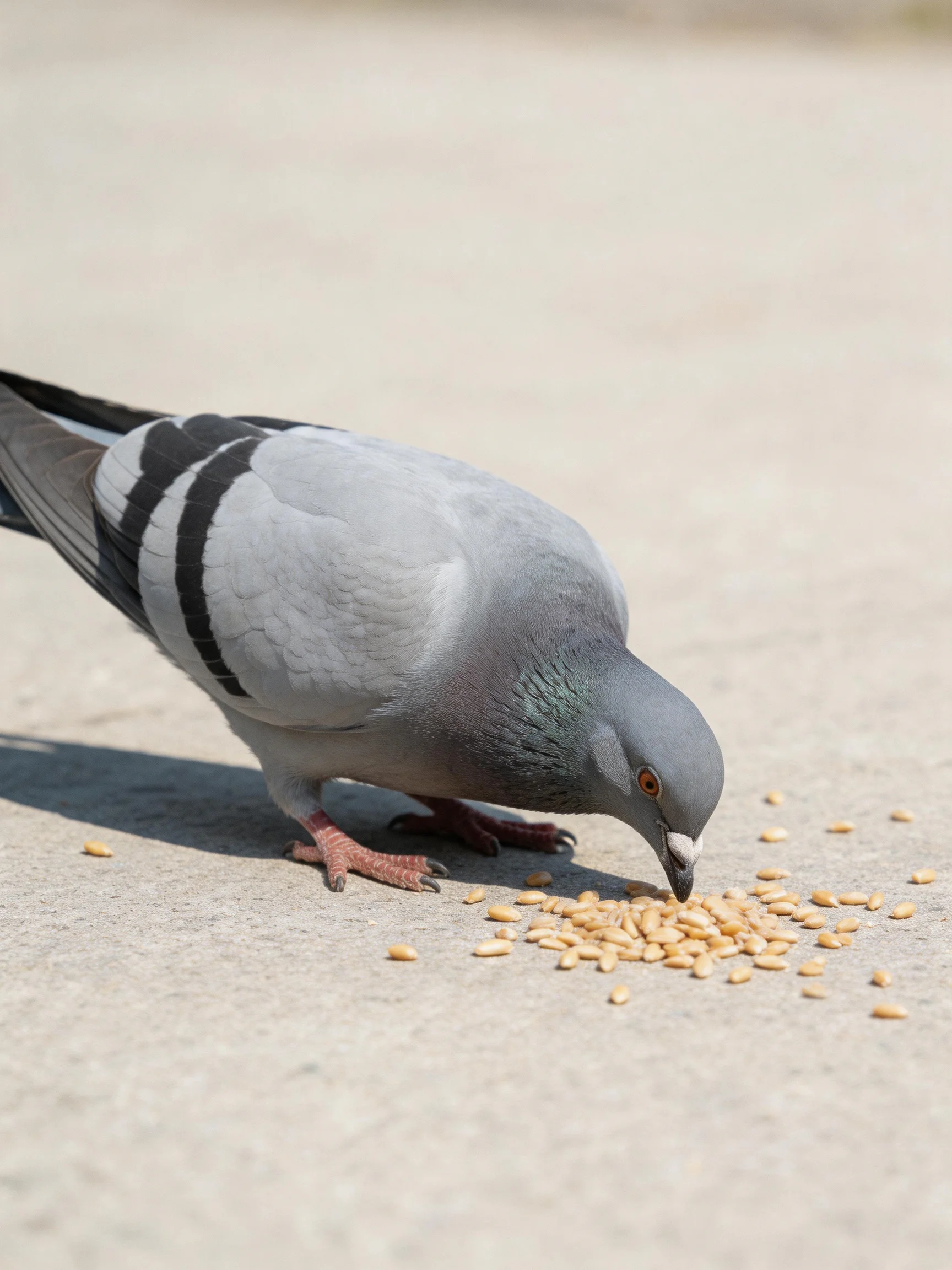 A gray pigeon foraging among scattered wheat kernels on smooth pavement