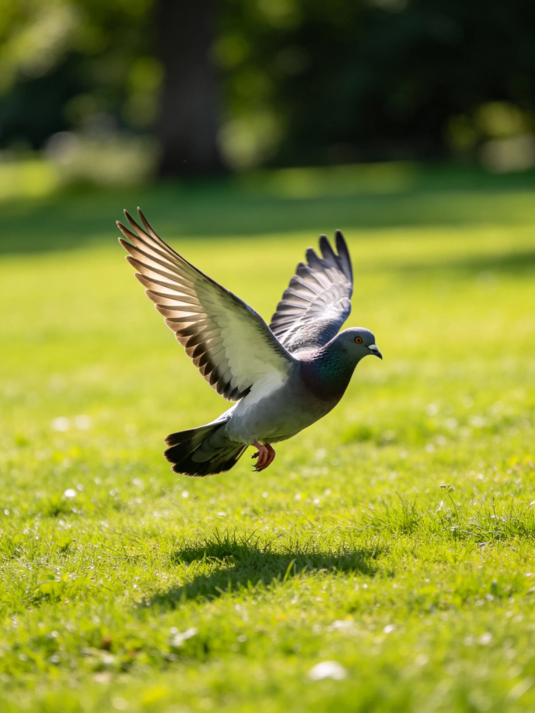 A gray pigeon flies low over a sunlit green lawn.