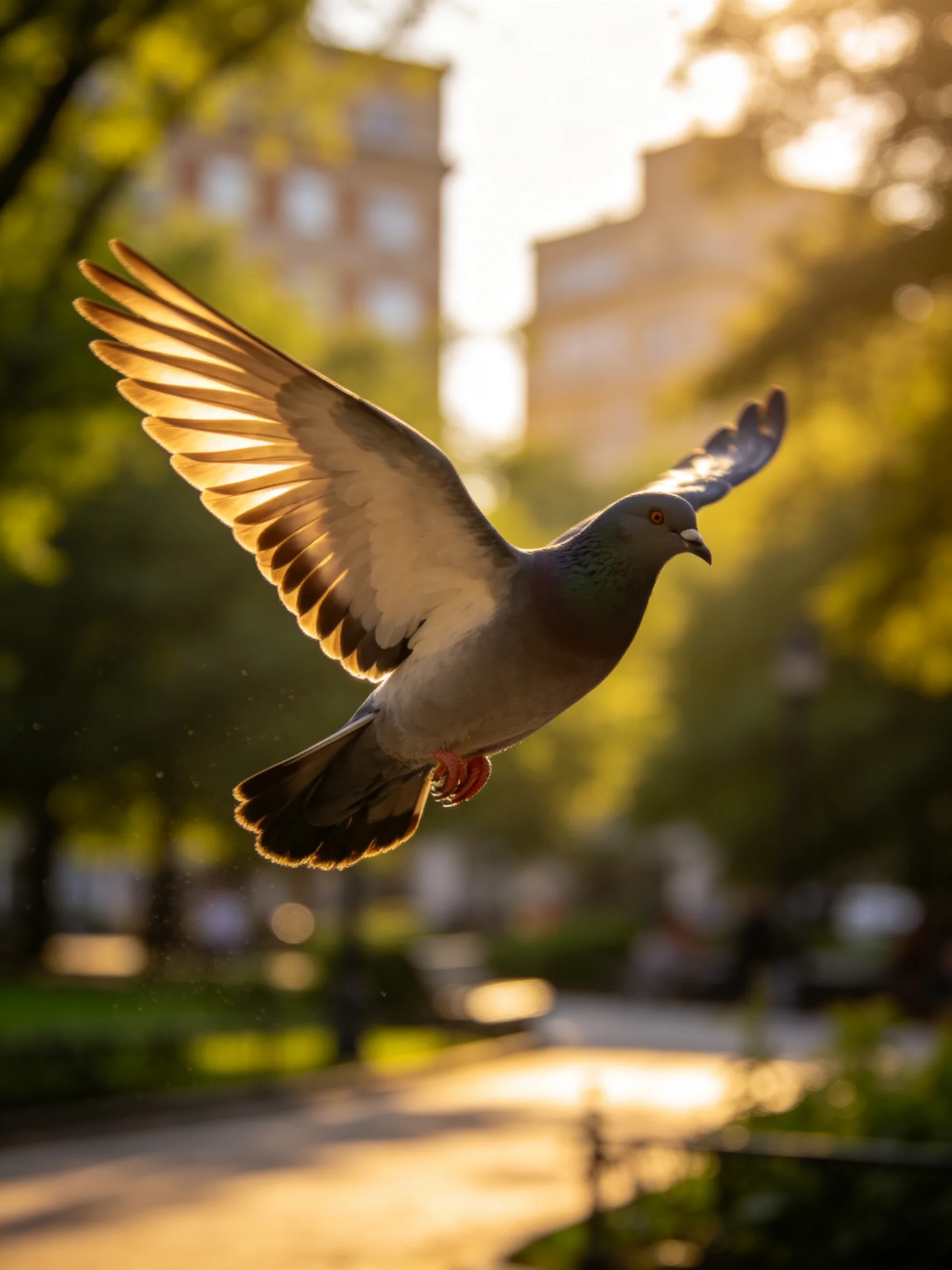 A gray pigeon glides through golden sunlight over a city park