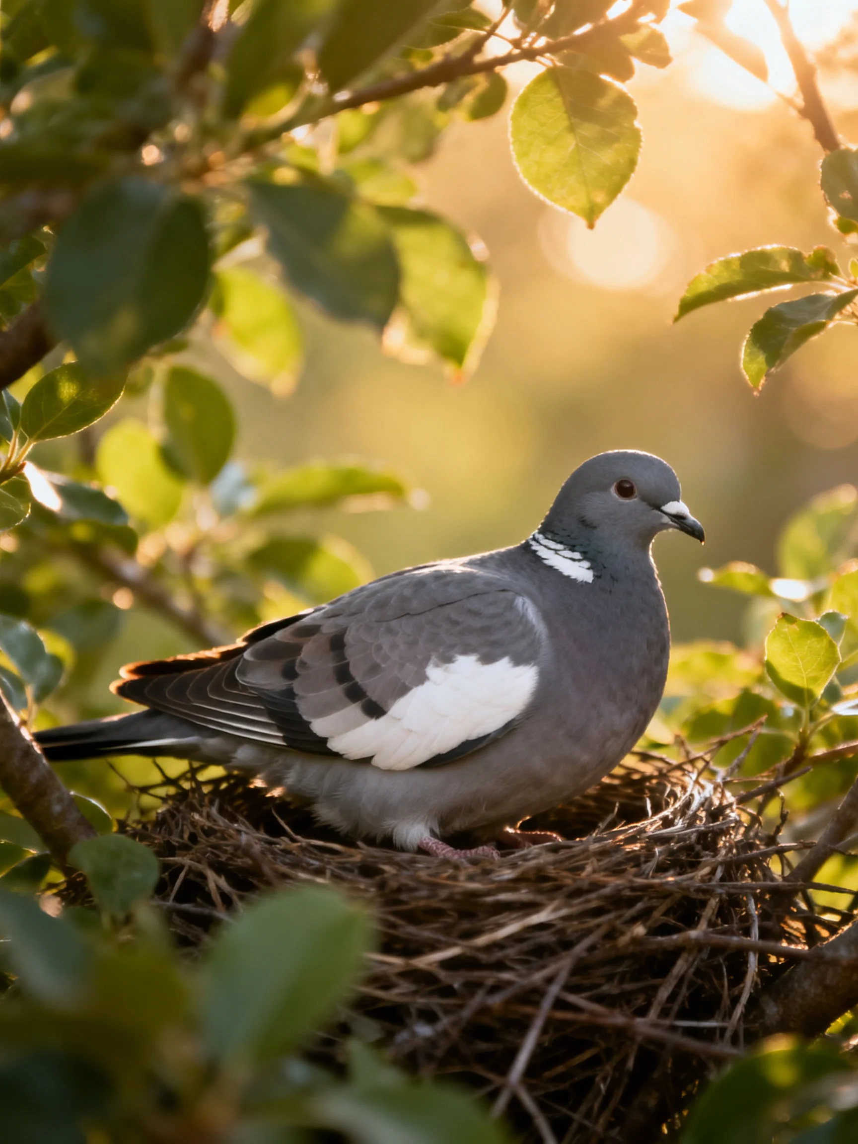 A gray pigeon in a twig nest amid green foliage under golden sunlight