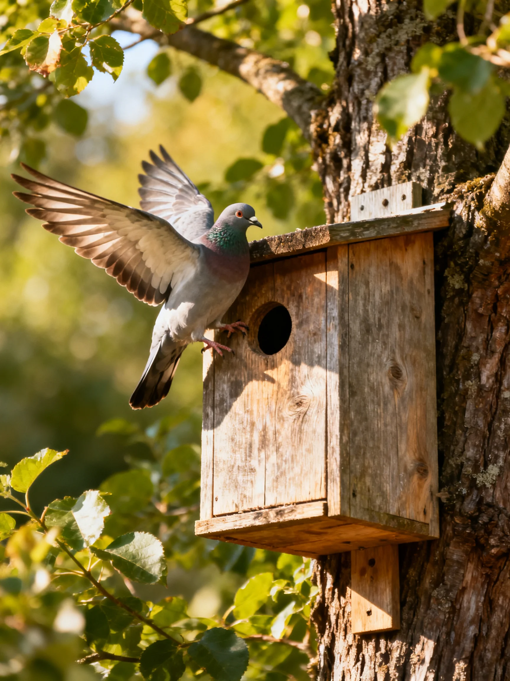 A gray pigeon lands near an aged wooden birdhouse in a leafy tree