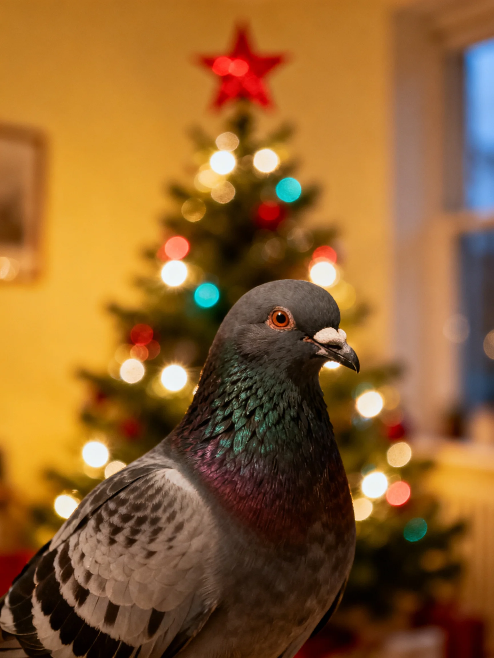 A gray pigeon near a decorated Christmas tree with colorful lights