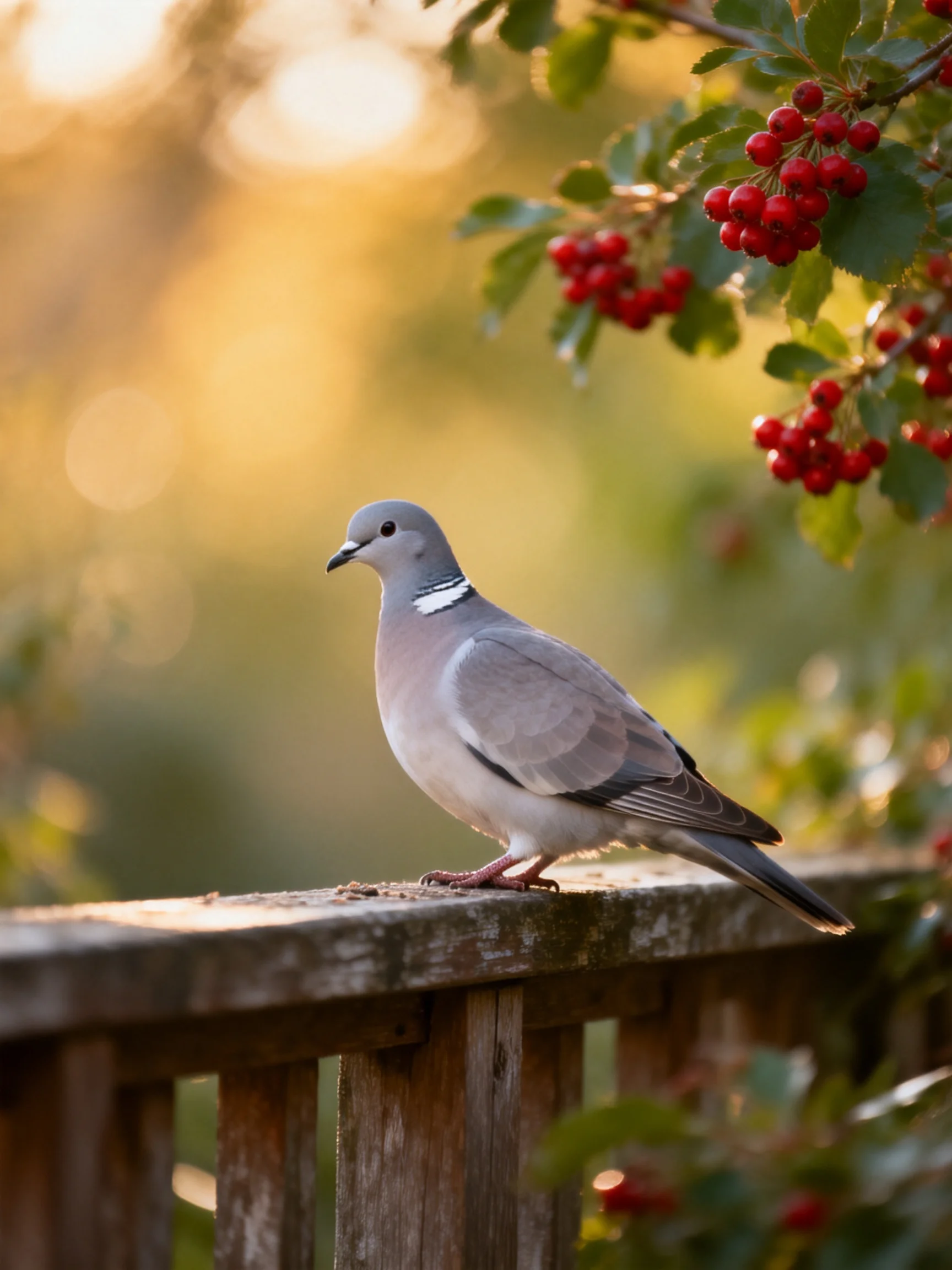 A gray pigeon sits by red berries on a wooden fence.