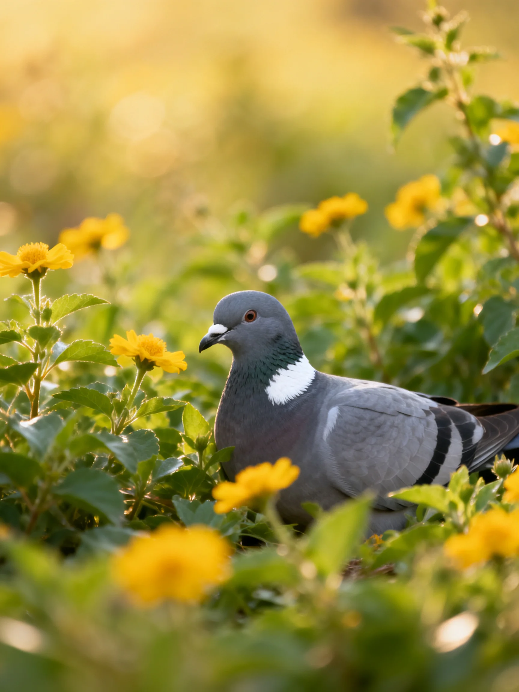 A gray pigeon nestled amid vibrant yellow blooms and lush greenery