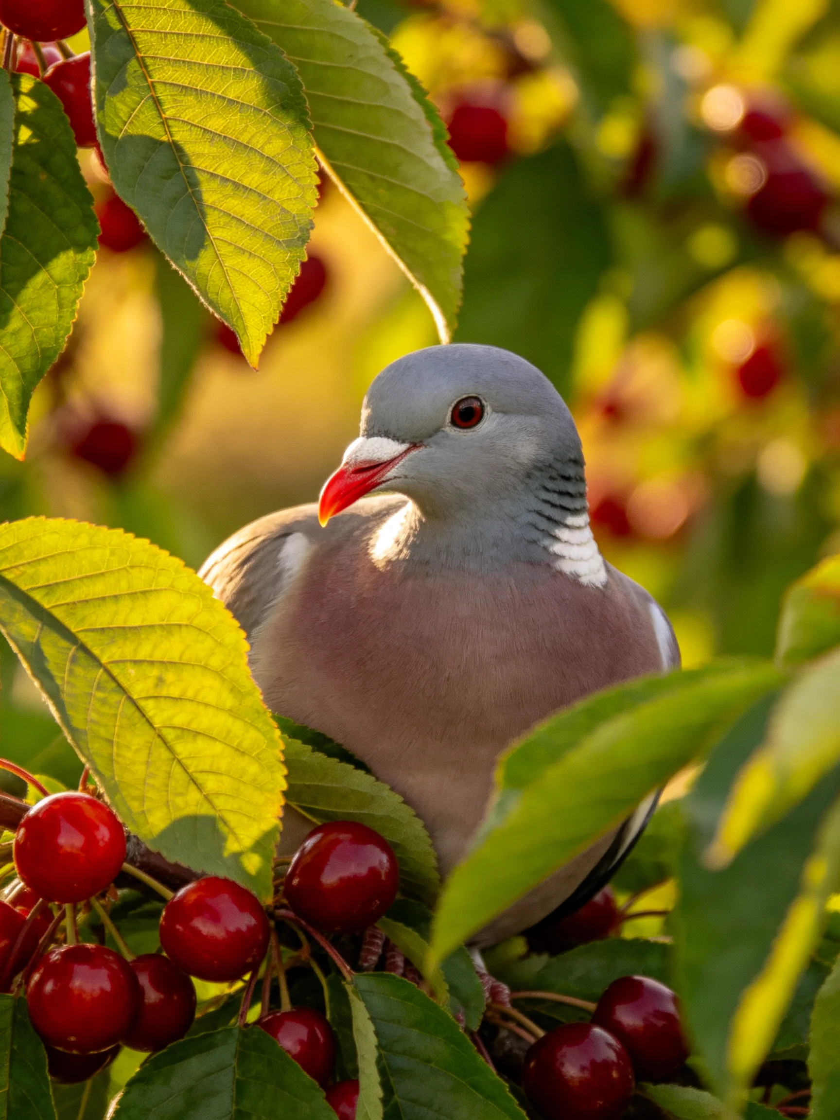 A gray pigeon nestled among vibrant red cherries and green foliage