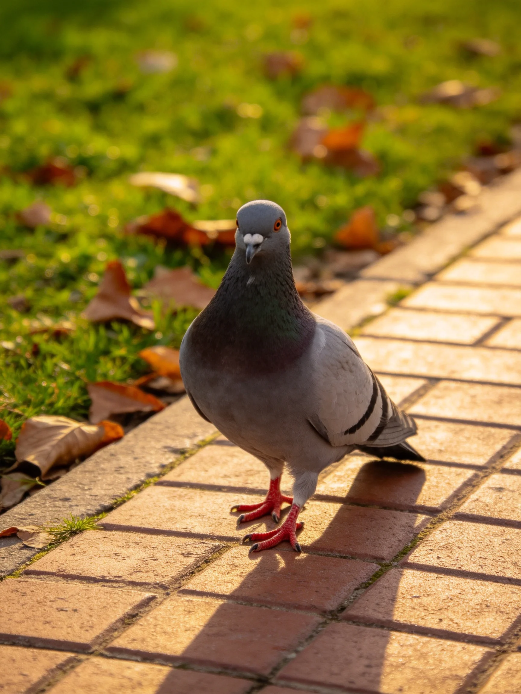 A gray pigeon on a brick path near green grass with fallen leaves
