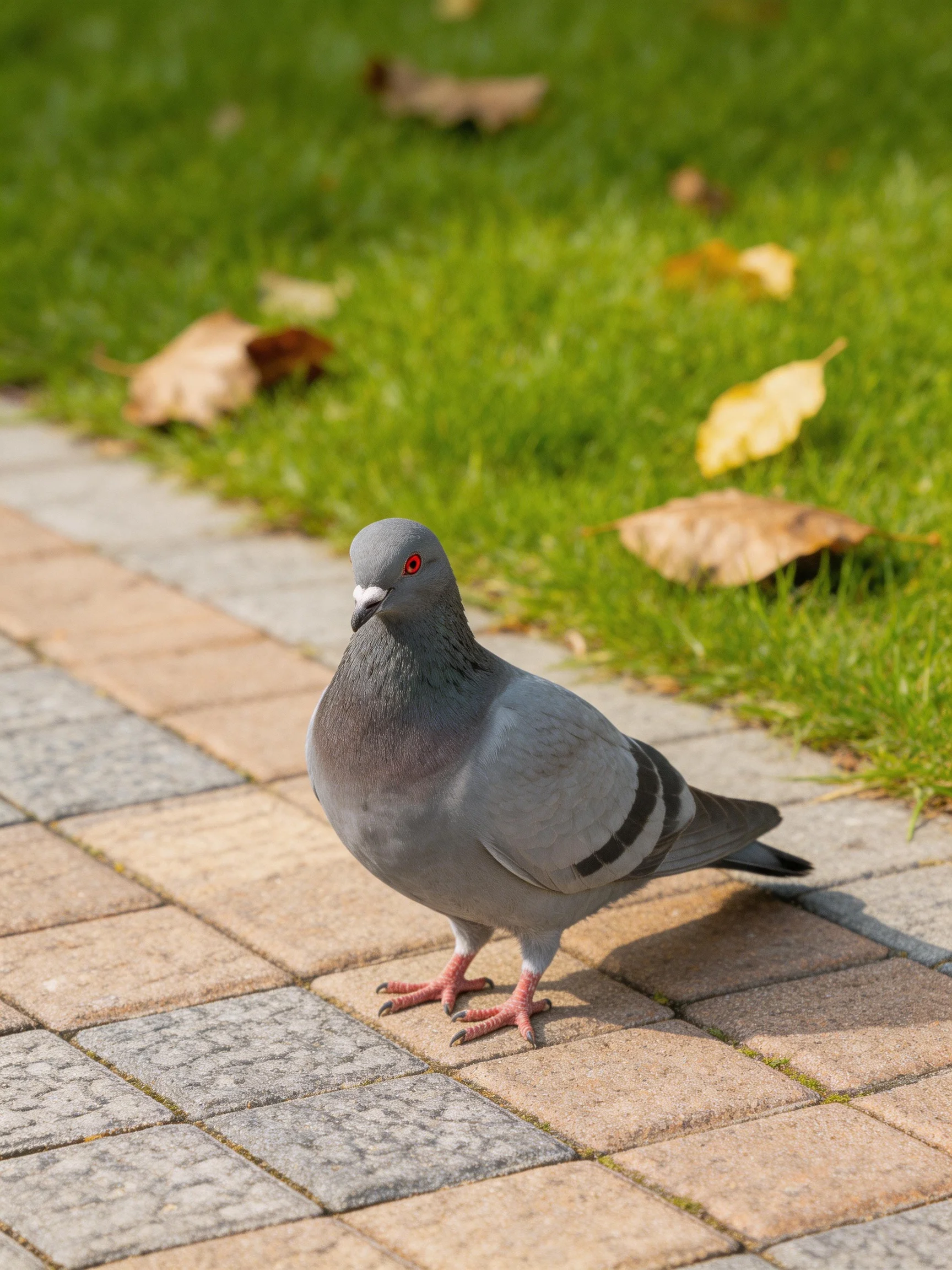 A gray pigeon on a brick pathway beside green grass with fallen leaves