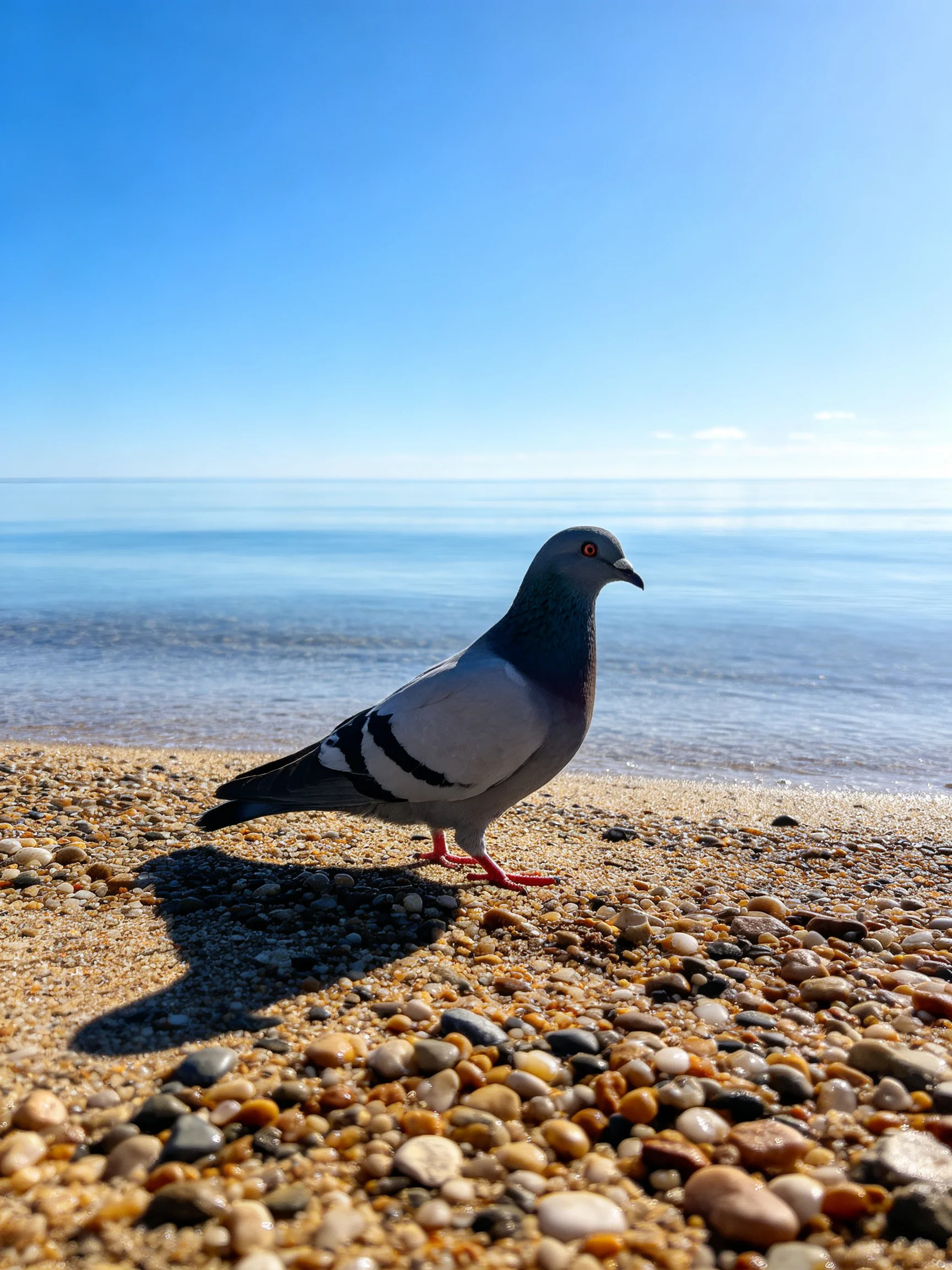 A gray pigeon on a pebbly shore beside calm blue waters