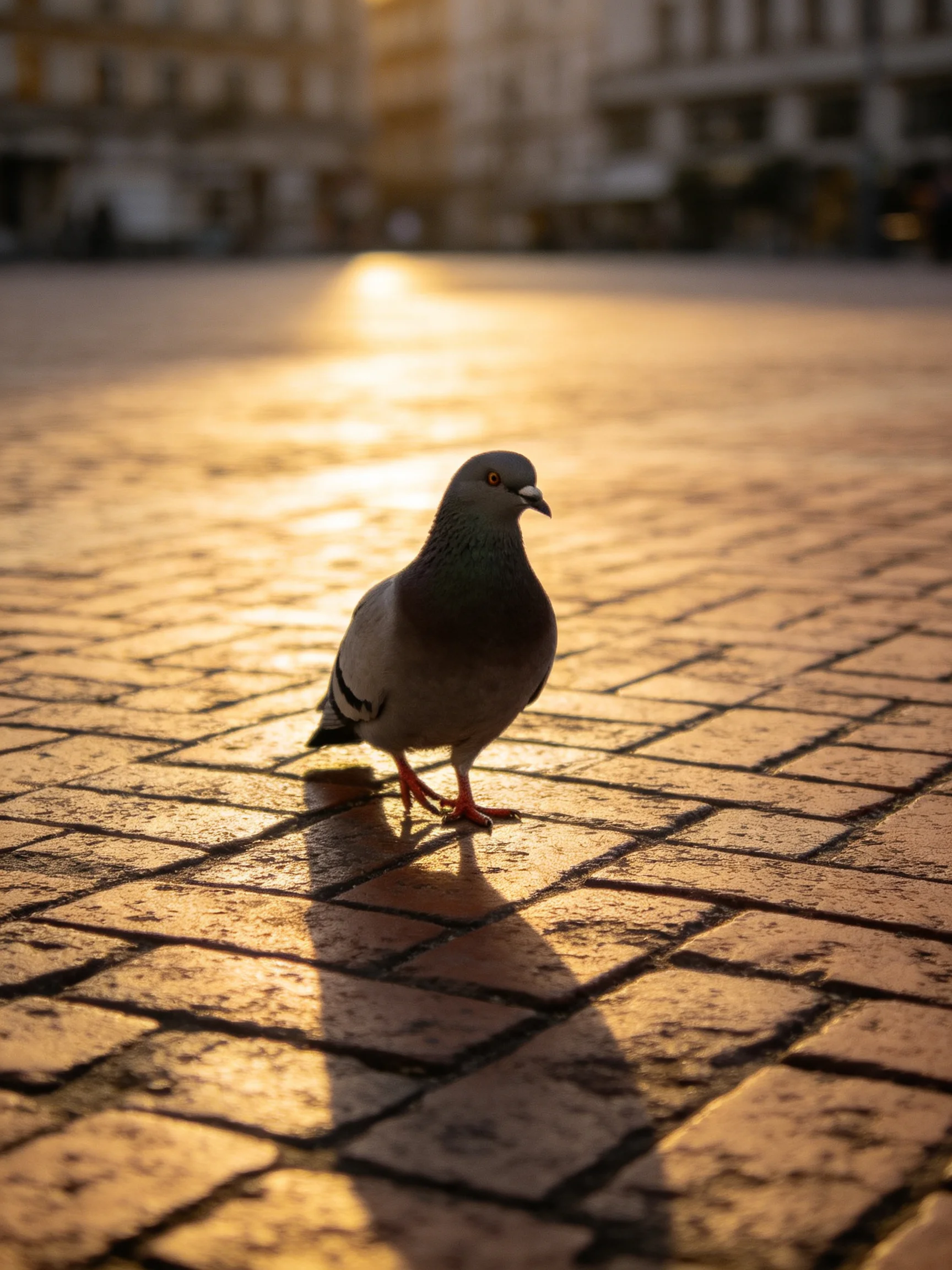 A gray pigeon on a sunlit brick-paved square at sunset