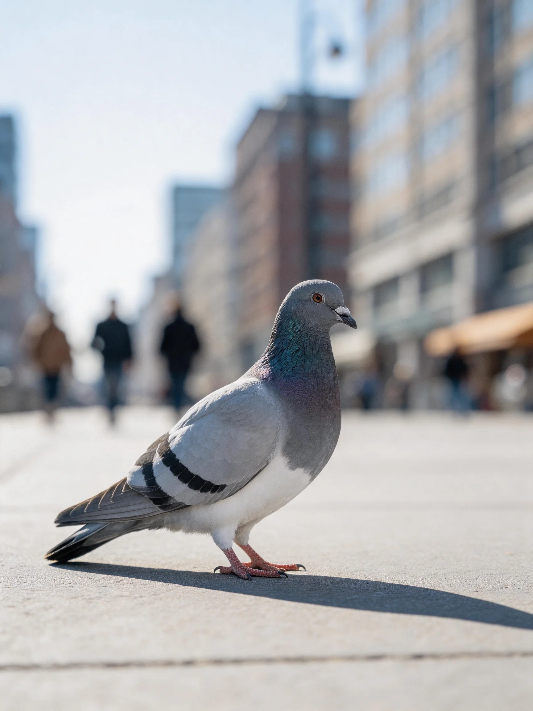 A gray pigeon on a sunlit urban sidewalk near tall buildings