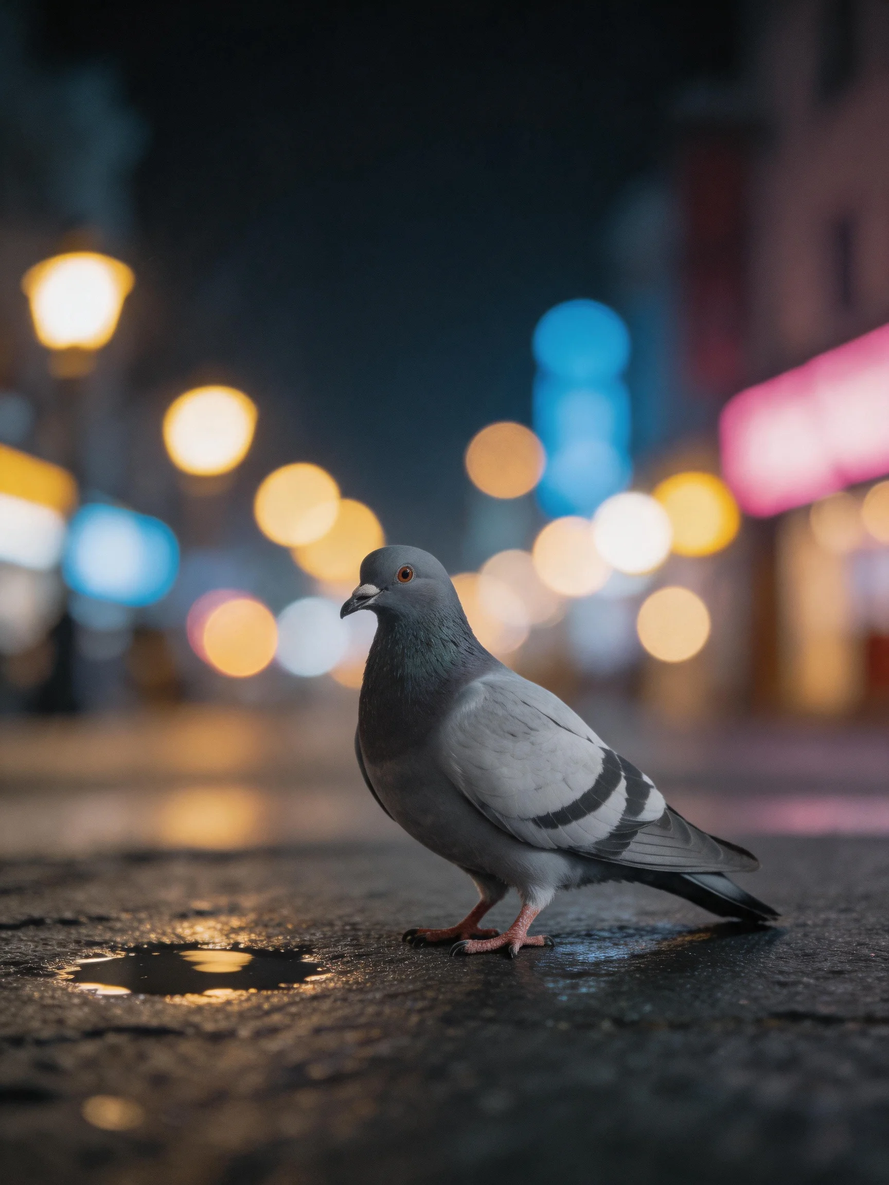 A gray pigeon on a wet urban street with colorful blurred city lights