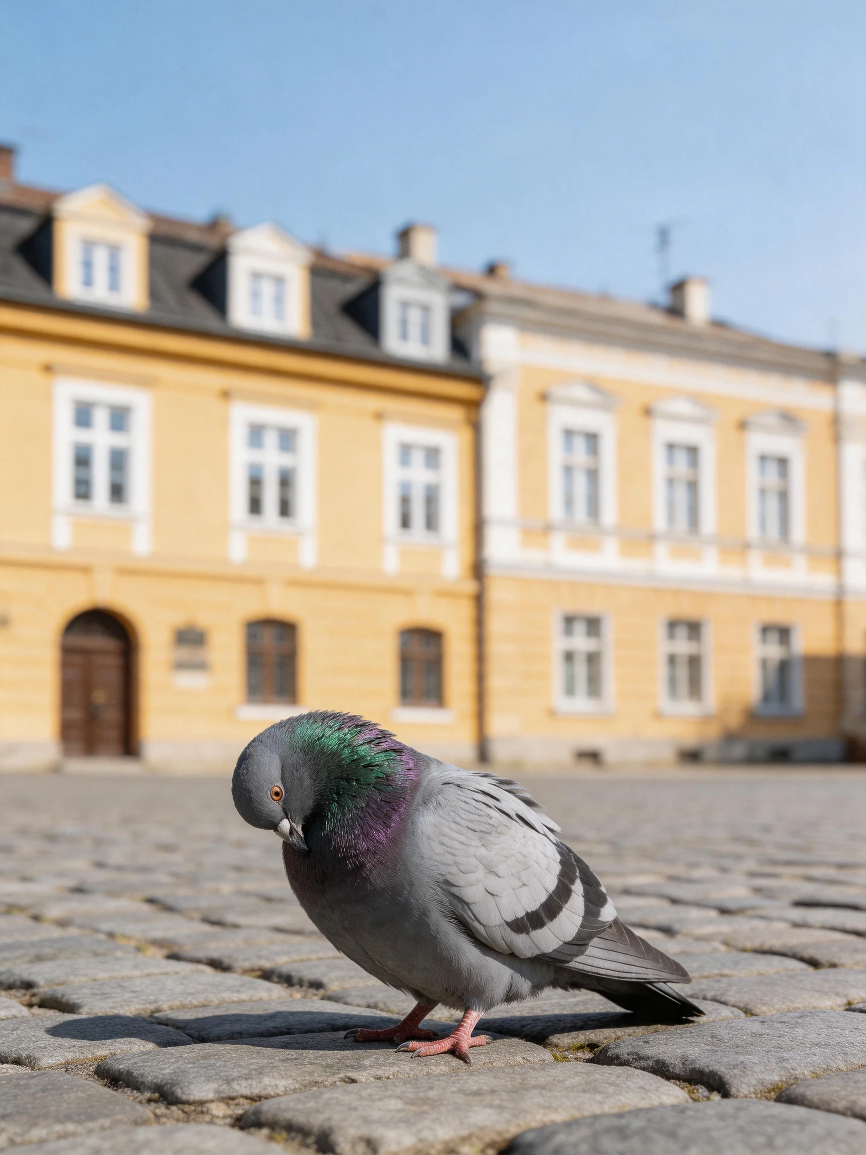 A gray pigeon on cobblestones near historic yellow buildings
