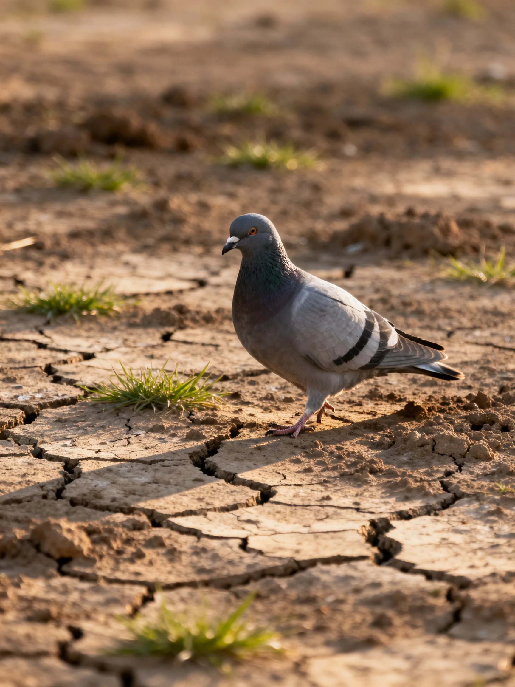 A gray pigeon on parched, cracked earth with scattered green patches
