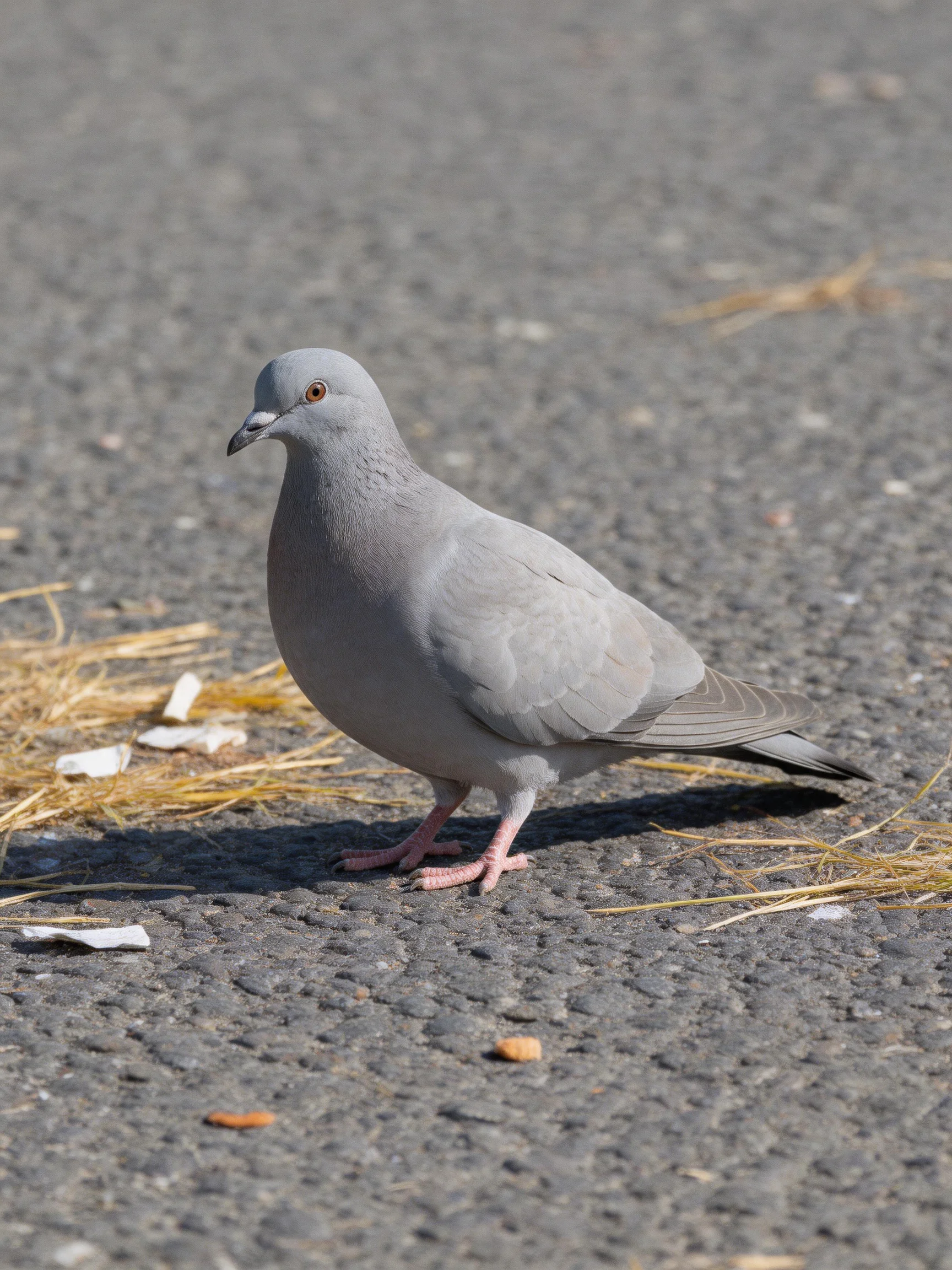 A gray pigeon on rough asphalt near scattered straw and crumbs