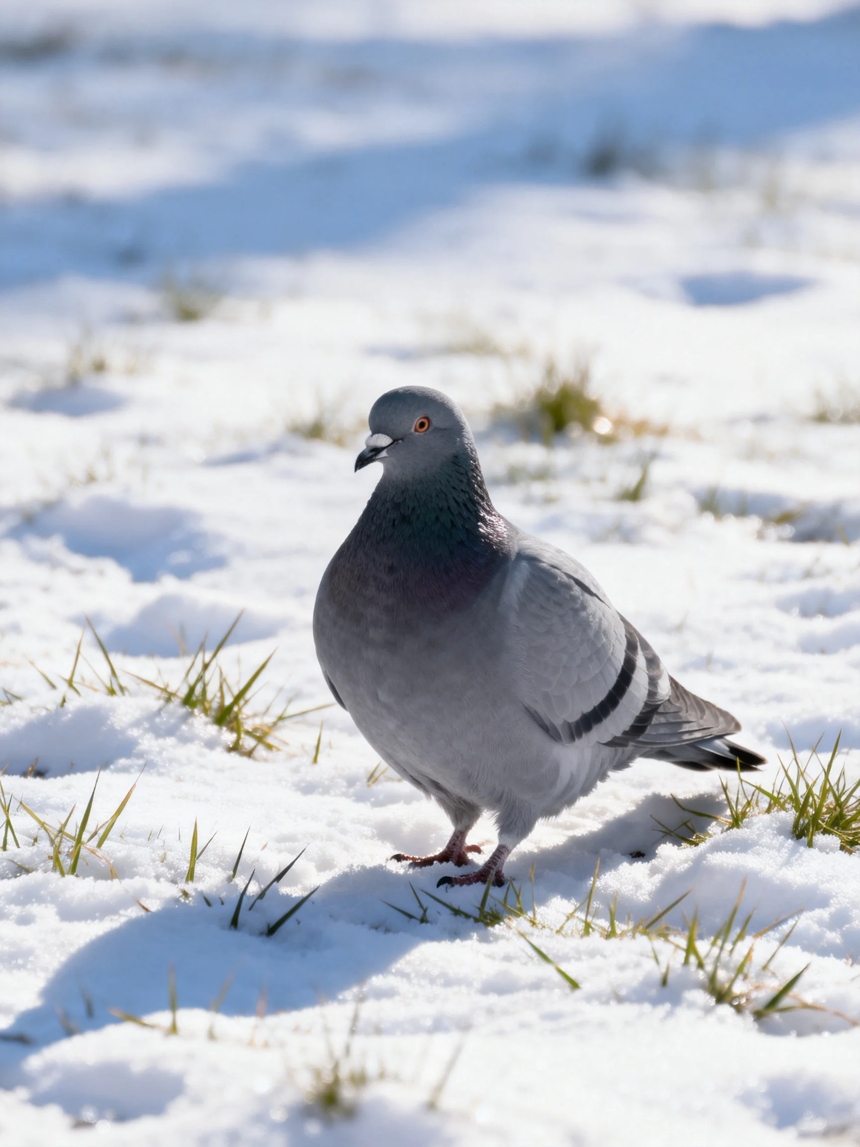 A gray pigeon on snowy ground with grass patches