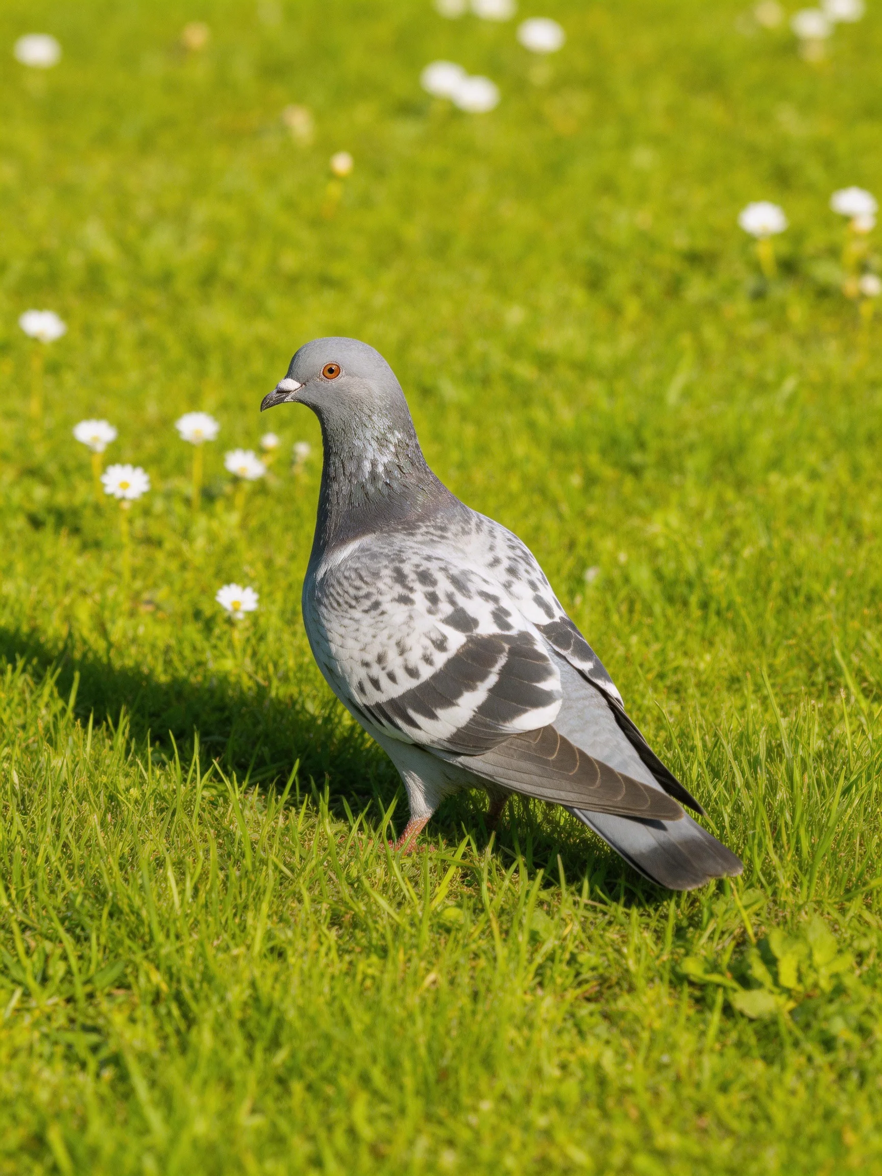 A gray pigeon on vibrant green grass with small white blooms