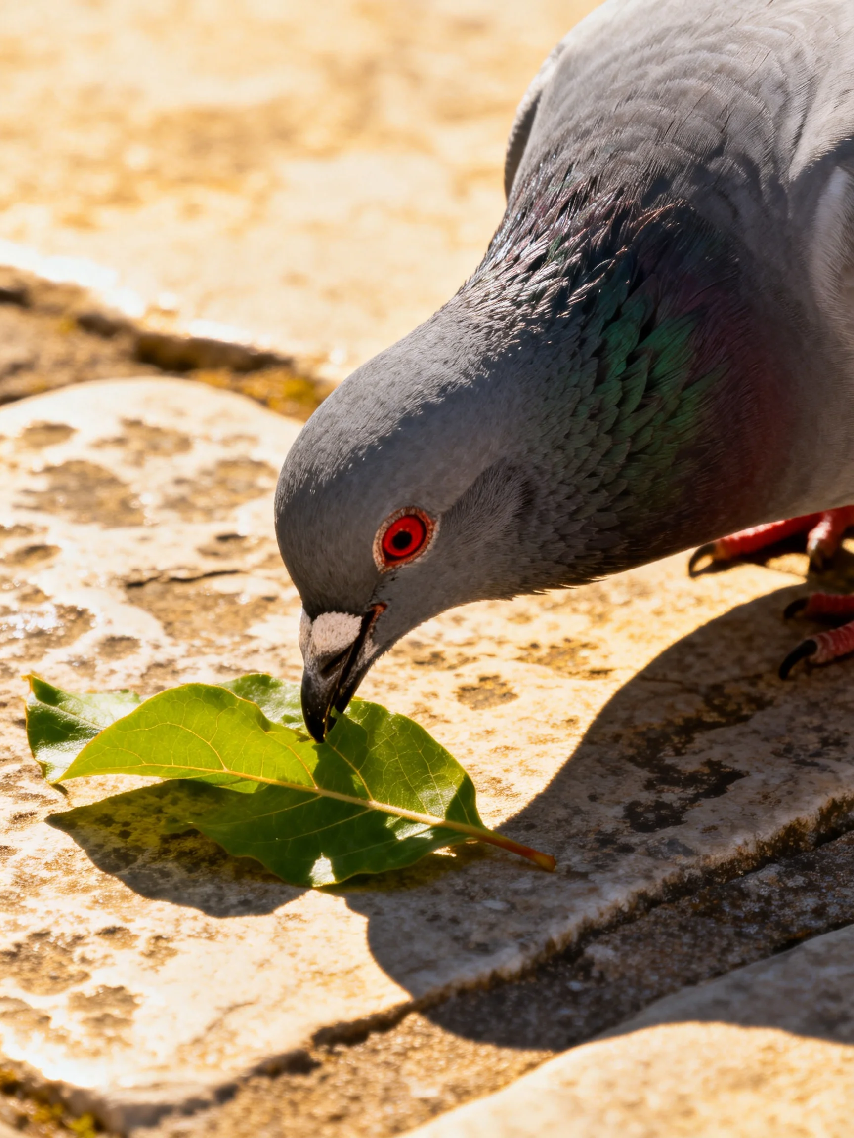 A gray pigeon pecking a green leaf on weathered stone pavement