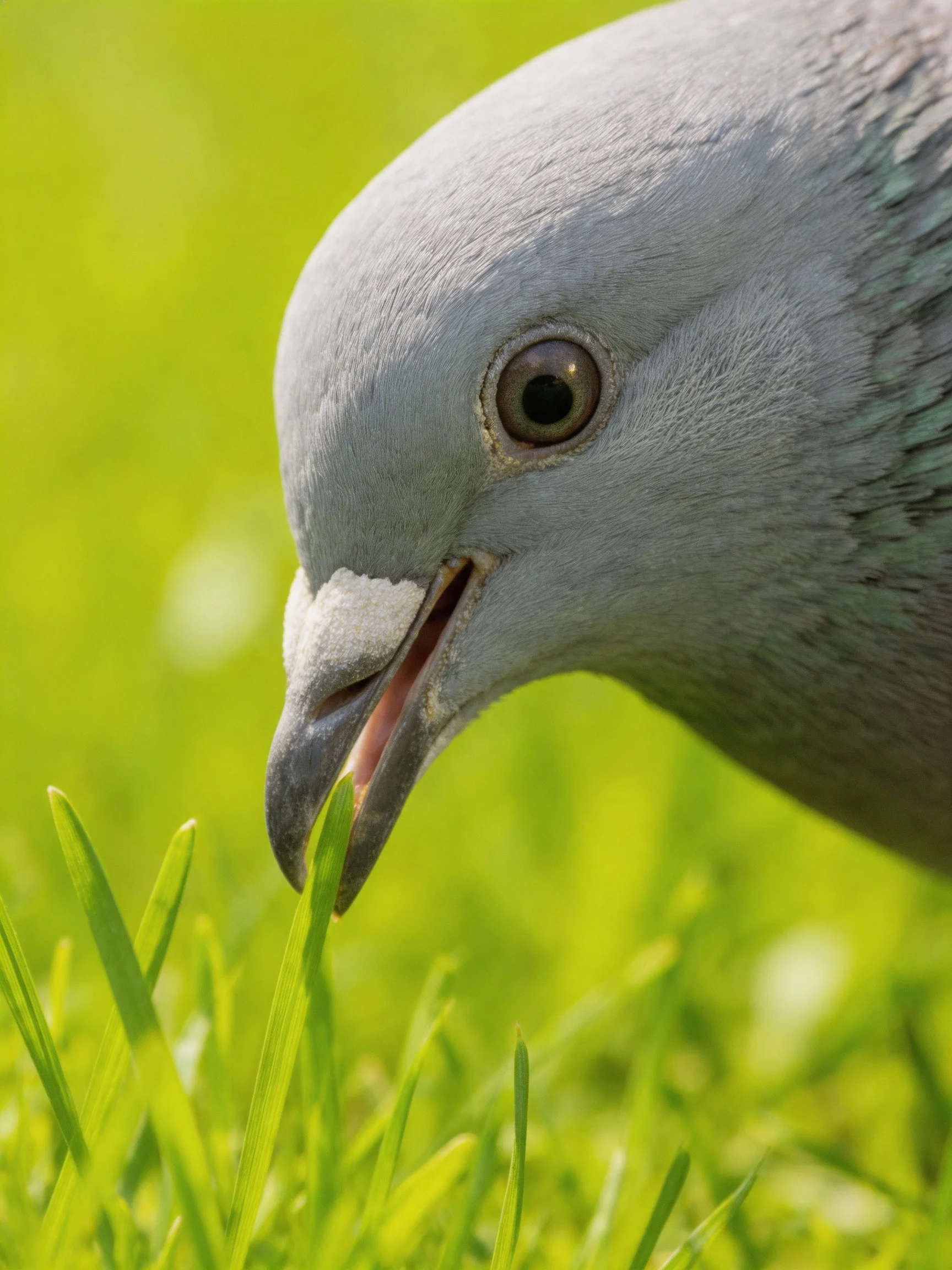 A gray pigeon pecking at green grass in close - up