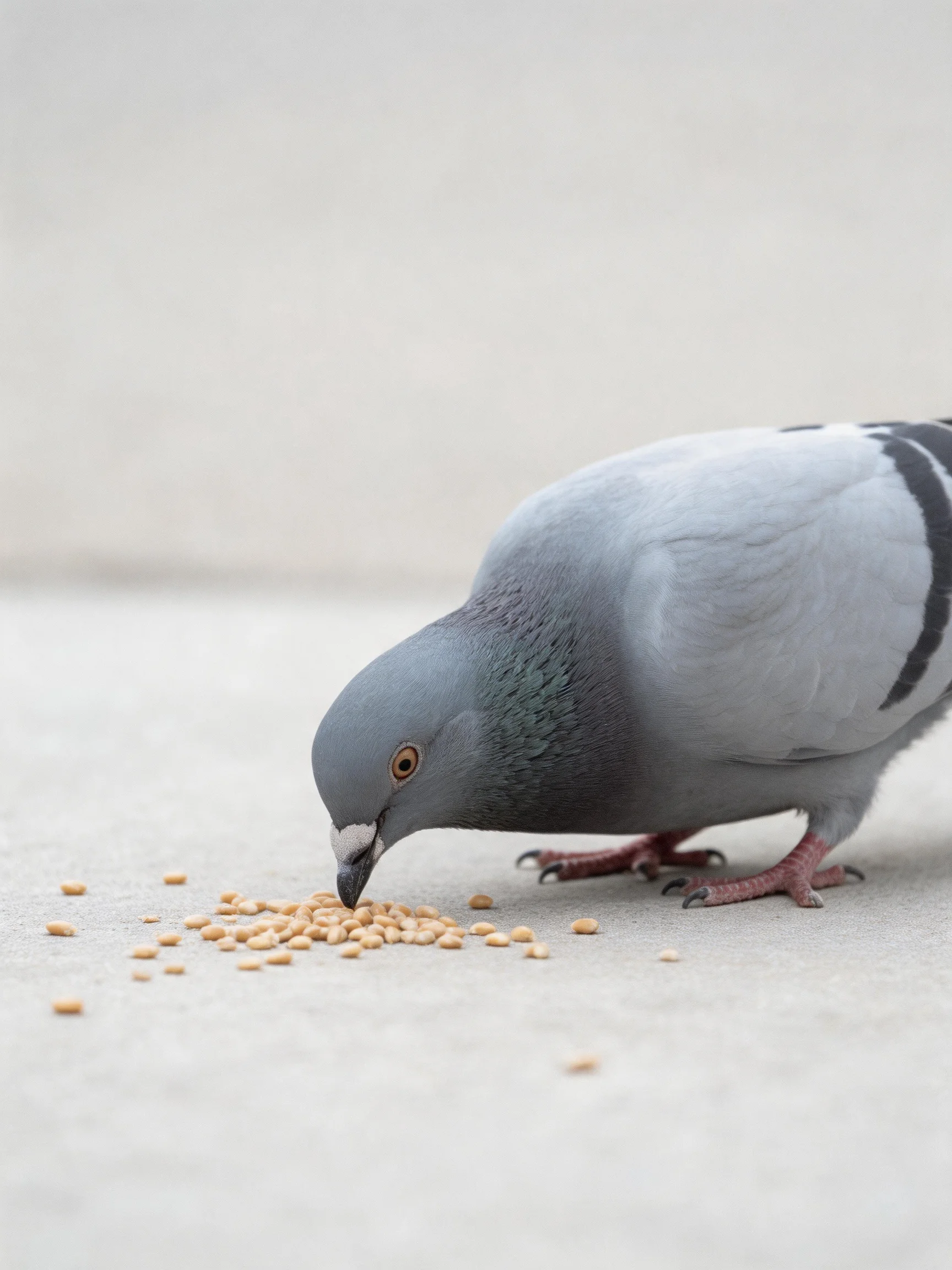 A gray pigeon pecking at scattered beige seeds on a smooth surface