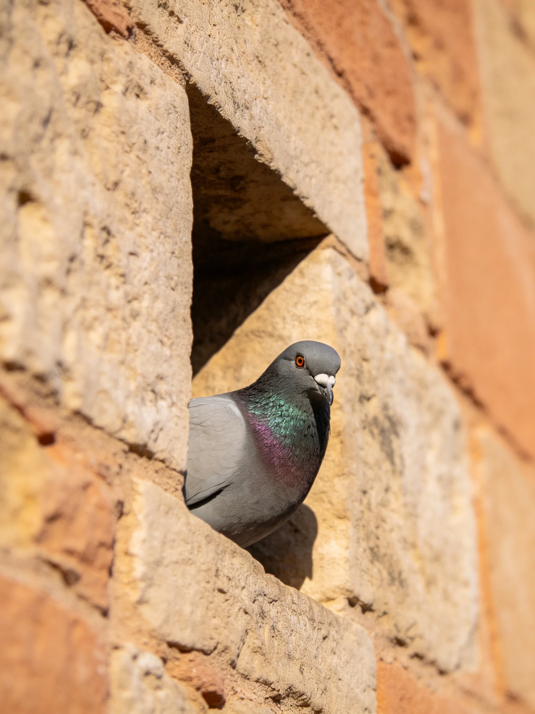 A gray pigeon peeks from a triangular stone wall opening