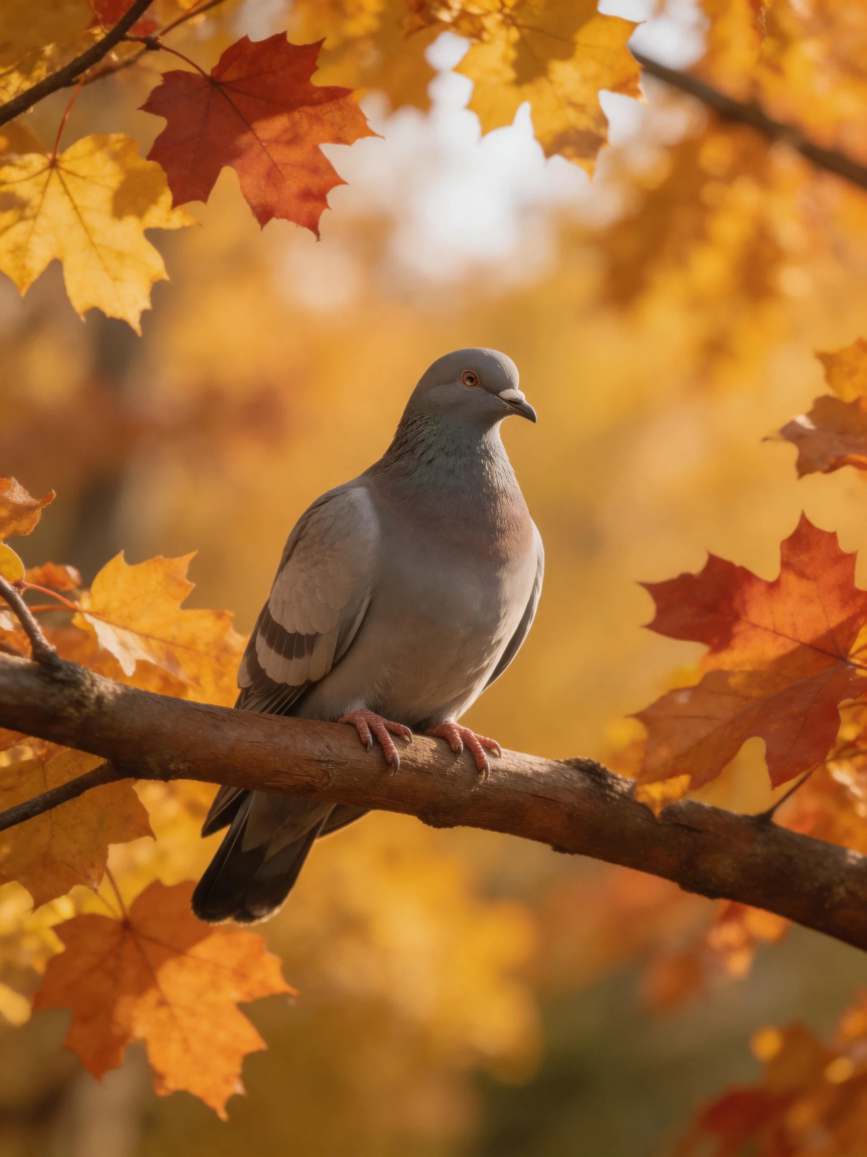 A gray pigeon perched among golden and crimson fall leaves
