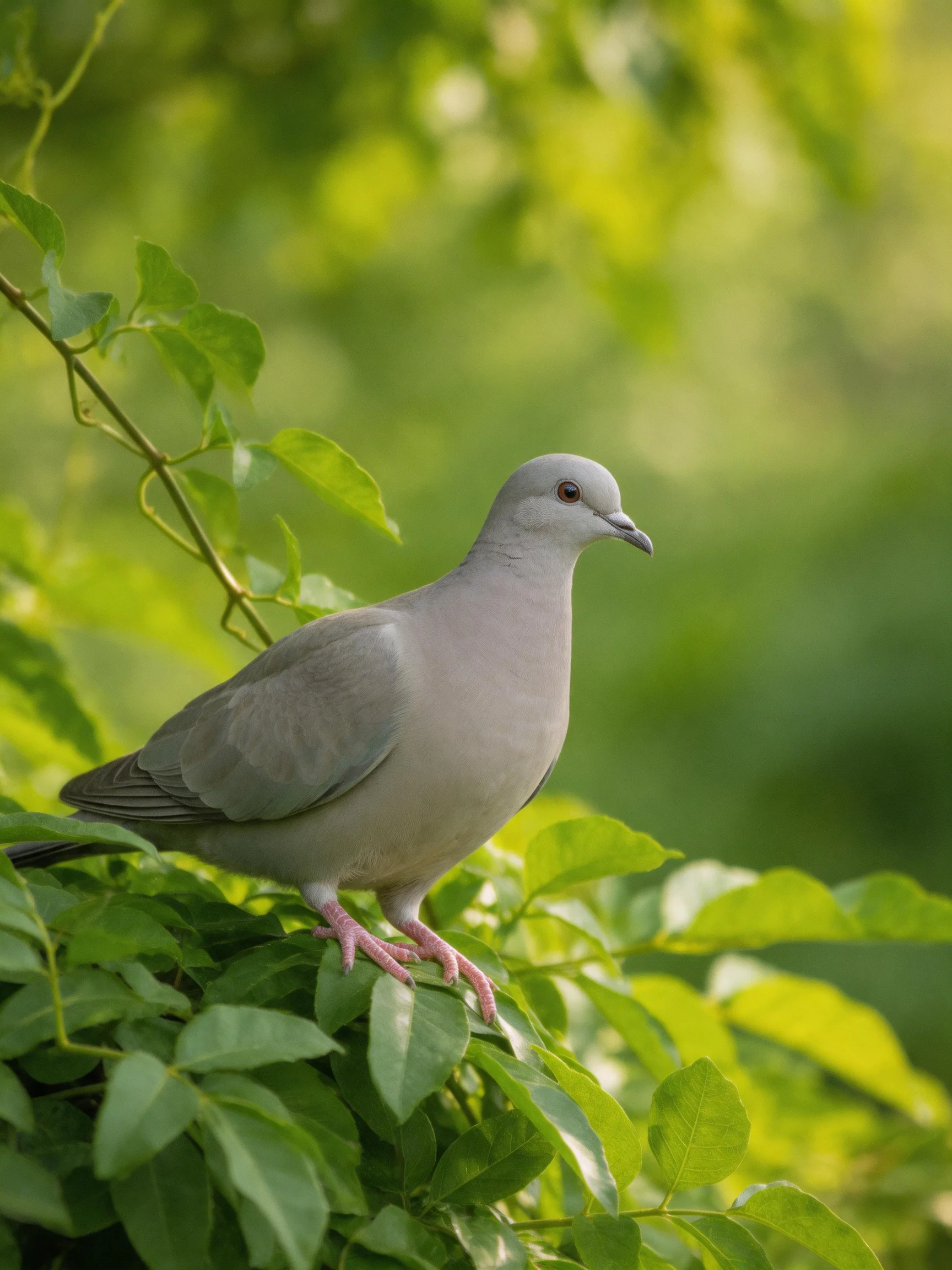 A gray pigeon perched among lush green leaves in soft natural light