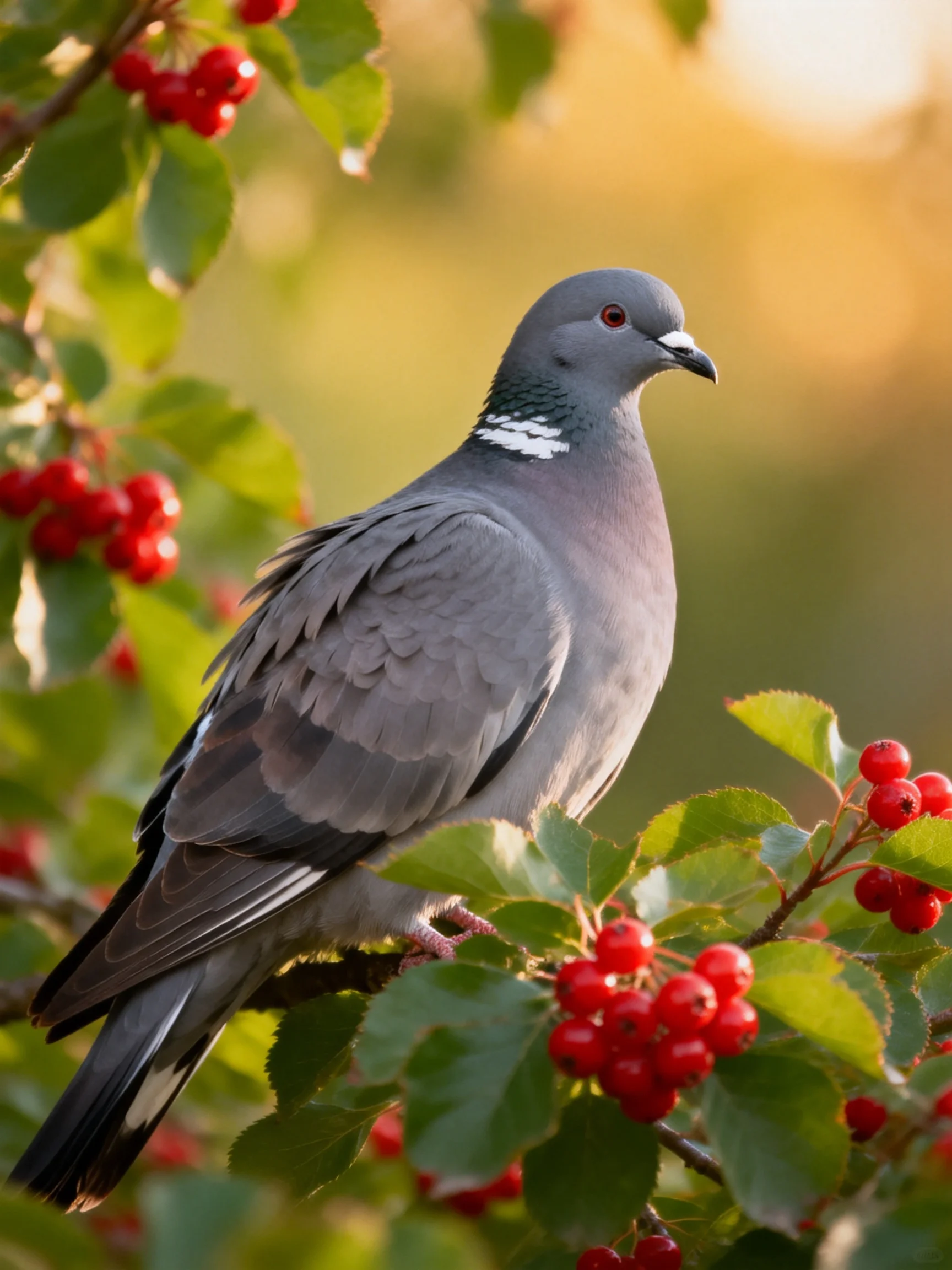 A gray pigeon perched among vibrant red berries and green foliage