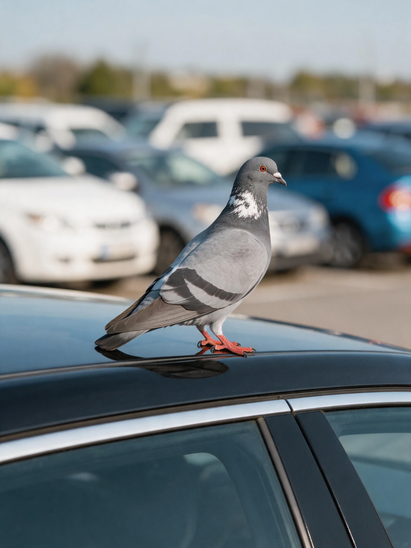 A gray pigeon stands on a cars roof amid parked vehicles.