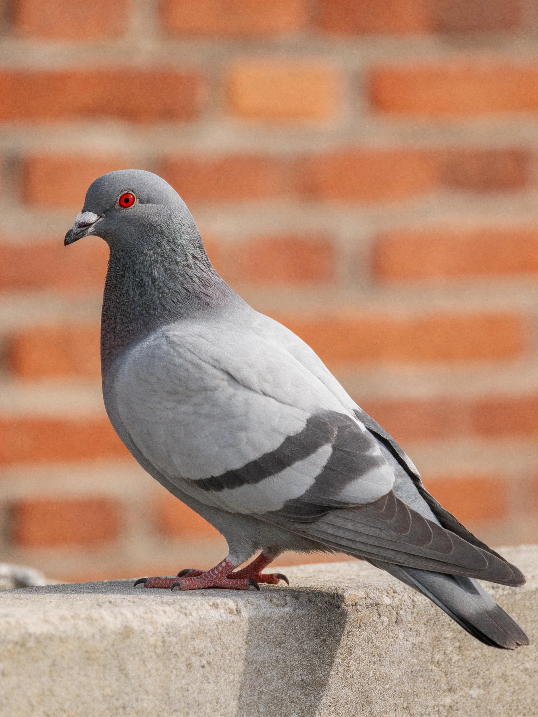 A gray pigeon perched beside a reddish-brown brick wall