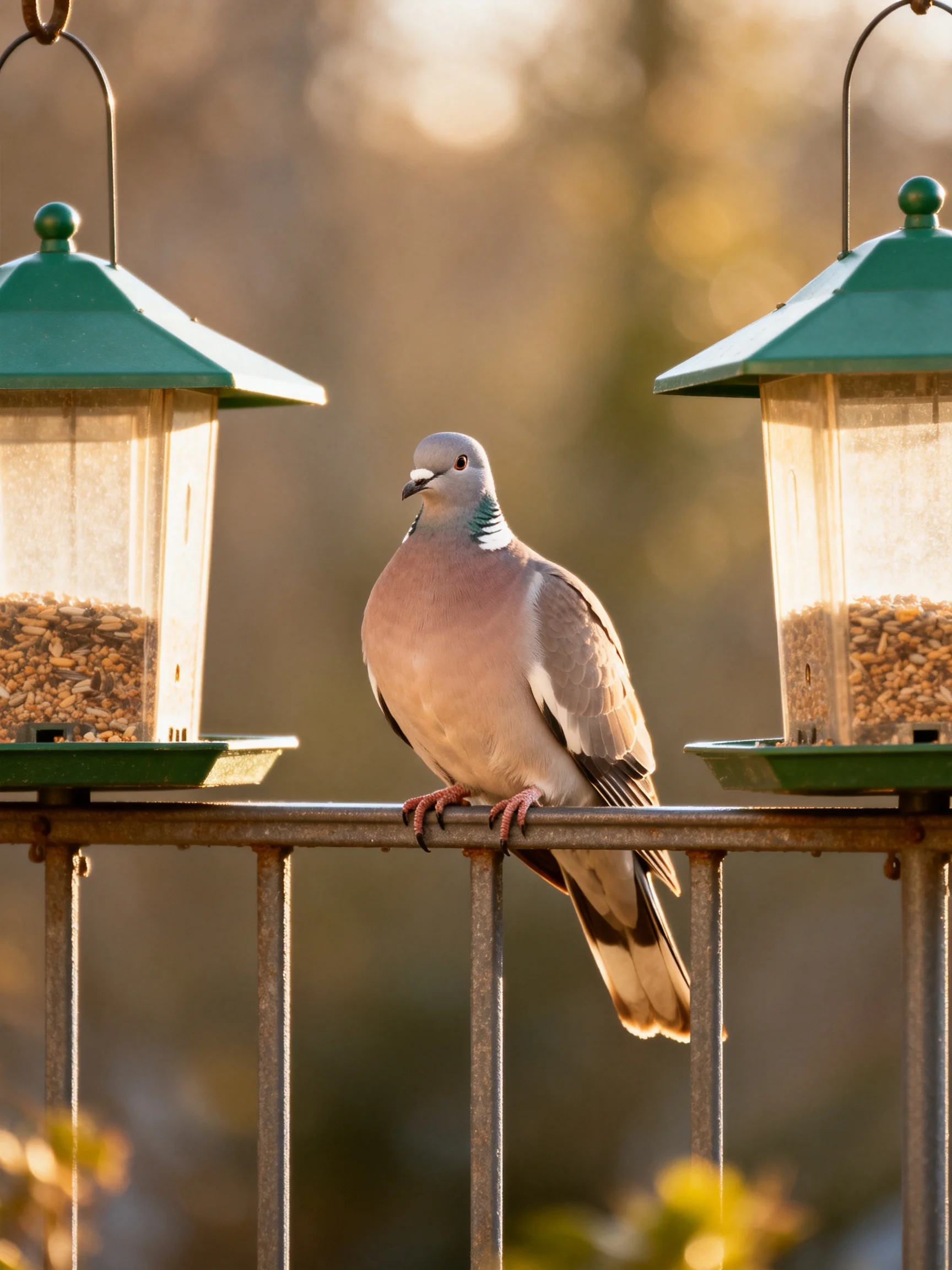 A gray pigeon rests between two green bird feeders outdoors.