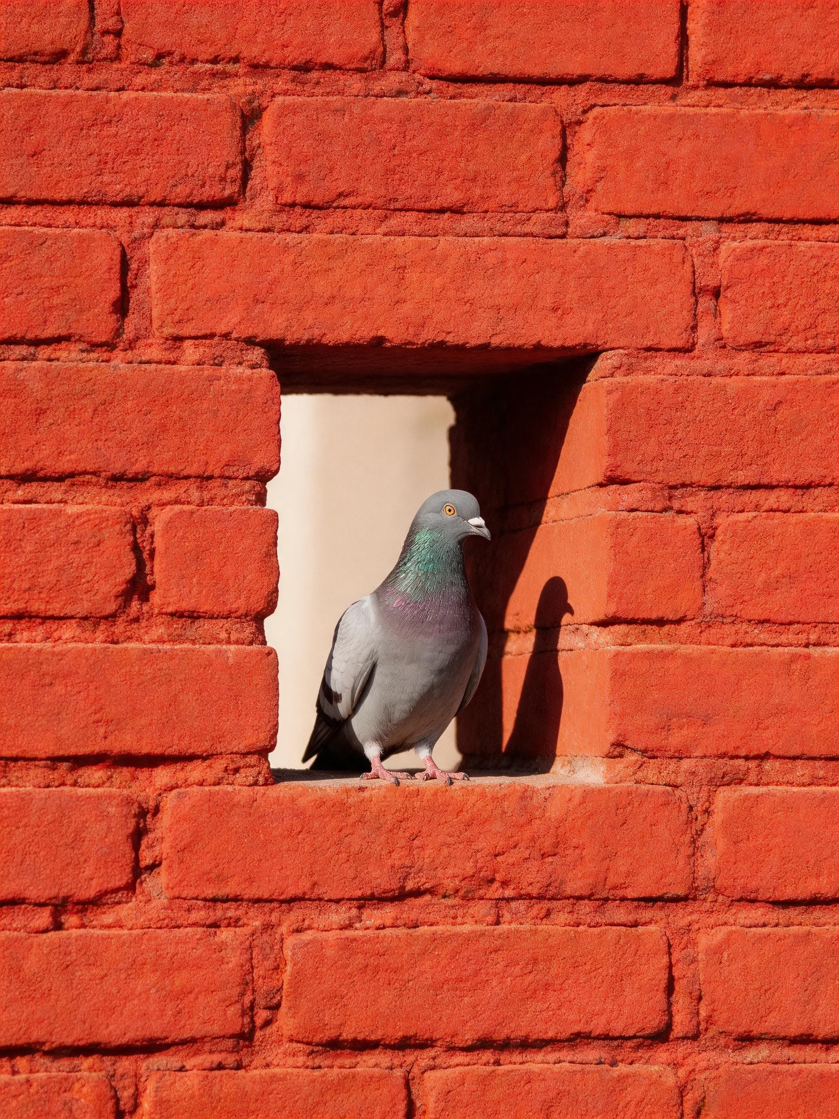 A gray pigeon perched in a square opening of a red brick wall