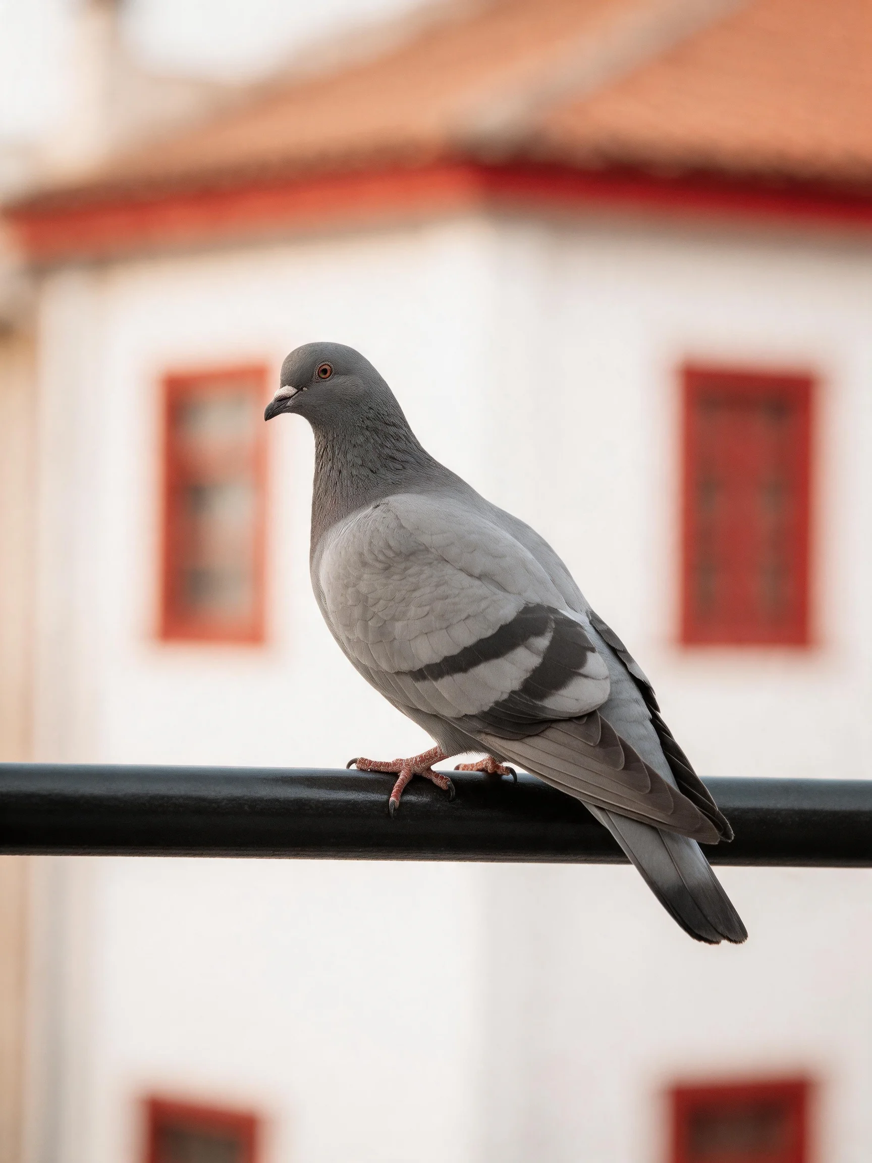 A gray pigeon perched on a black railing near a white building with red trim