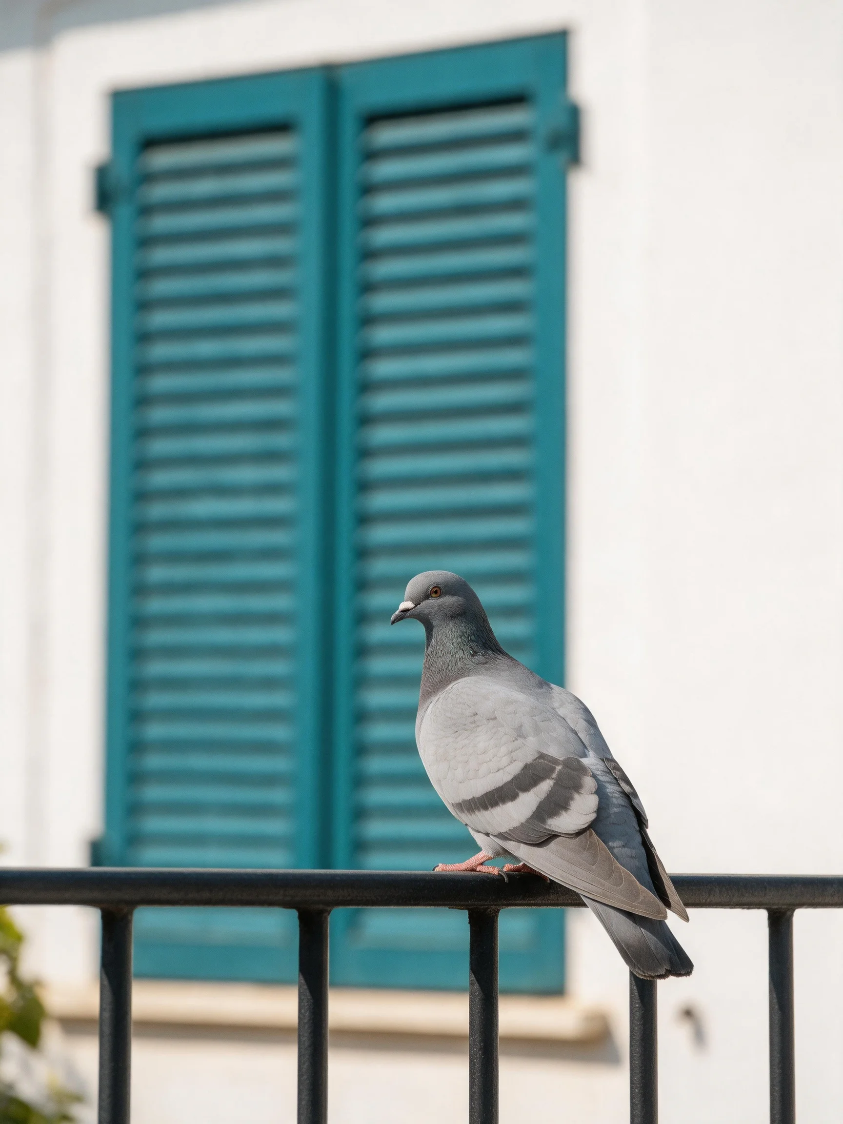 A gray pigeon perched on a black railing near turquoise shutters