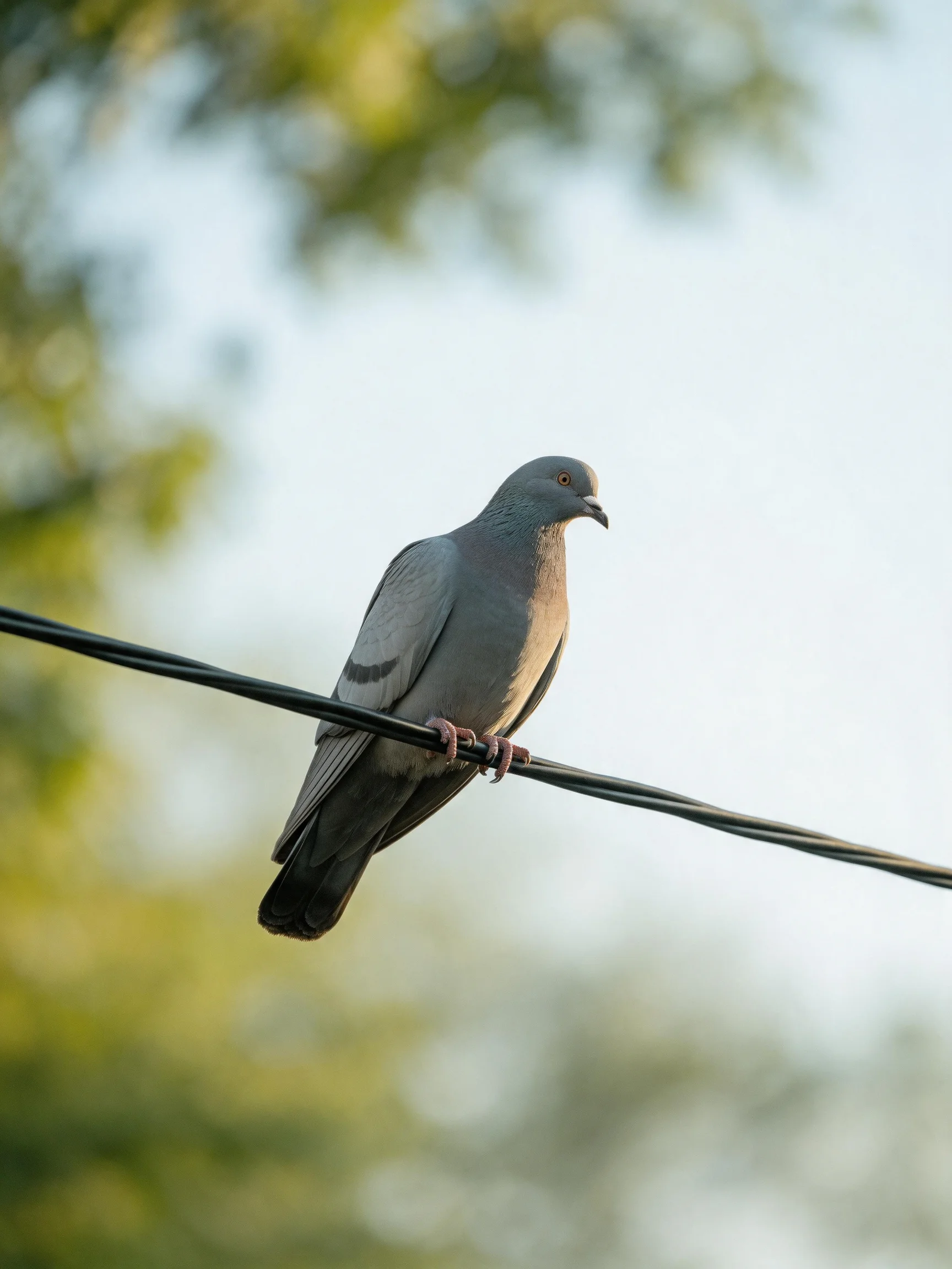 A gray pigeon perched on a black wire with blurred green foliage