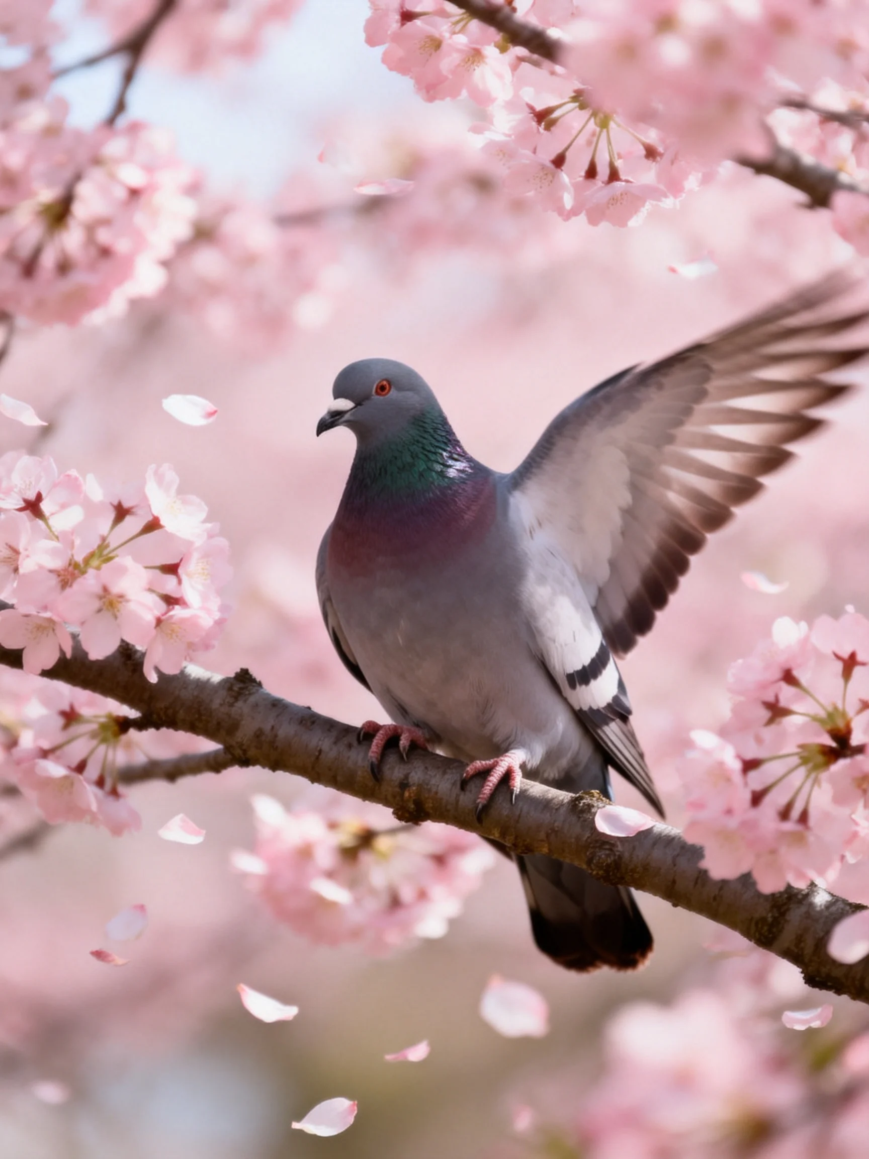 A gray pigeon perched on a branch amid vibrant pink cherry blossoms