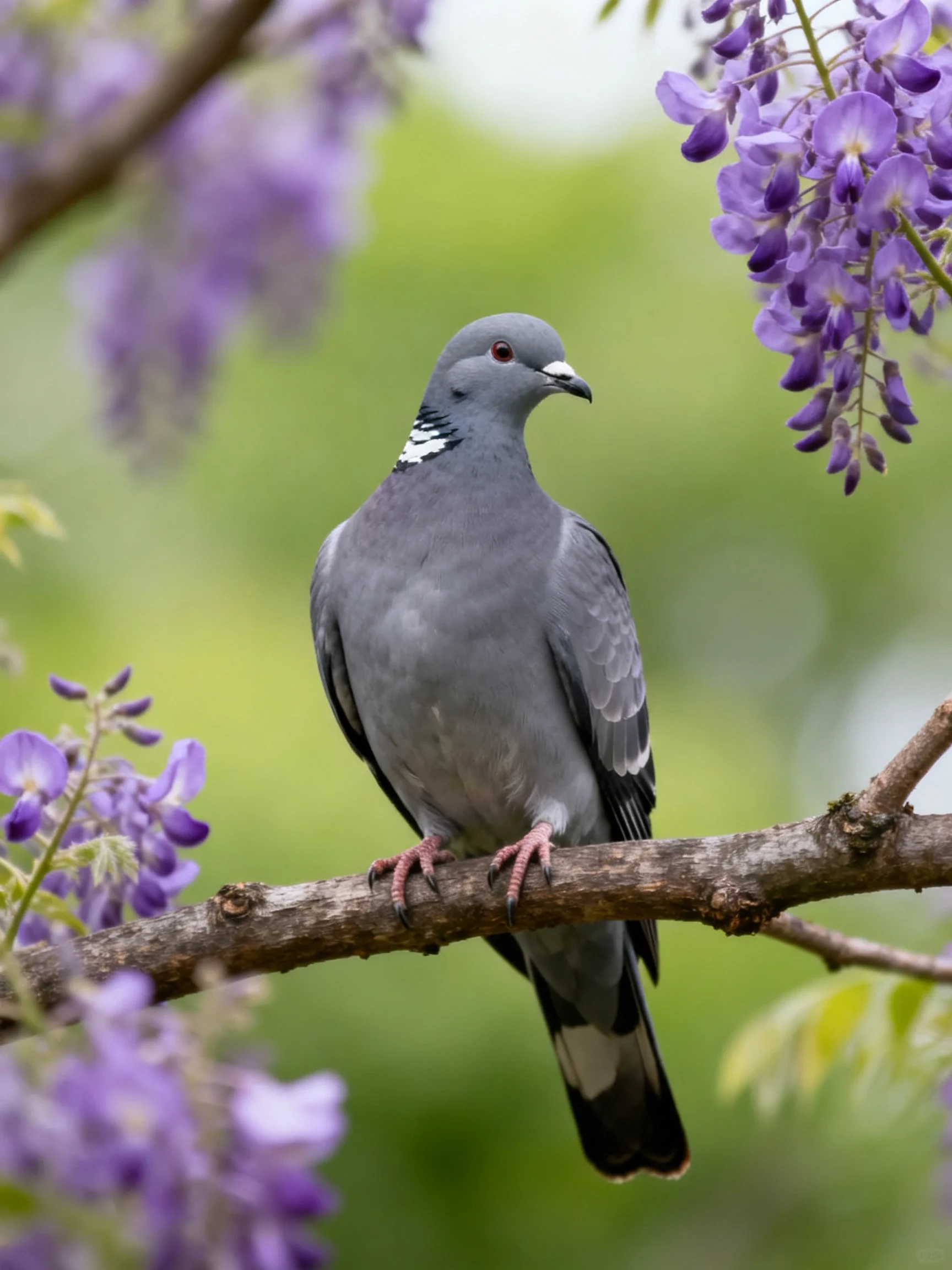 A gray pigeon perched on a branch amid vibrant purple blooms