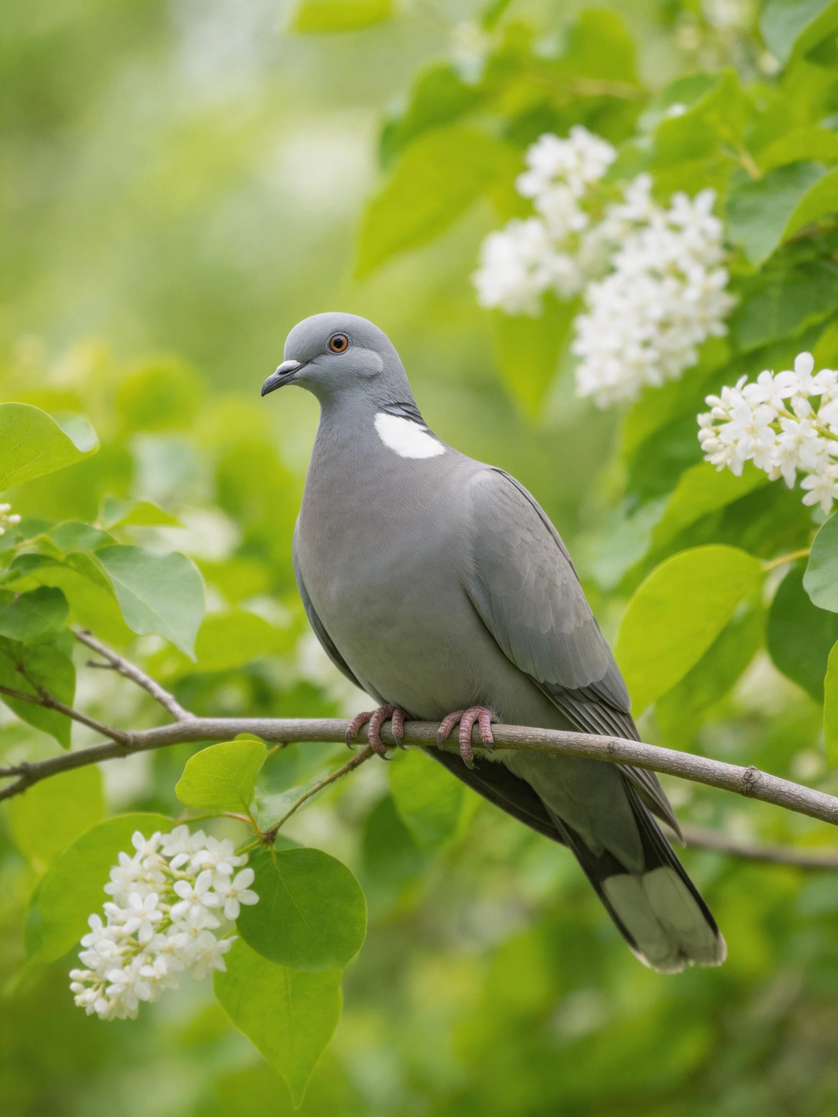 A gray pigeon perched on a branch amid white blooms and green foliage