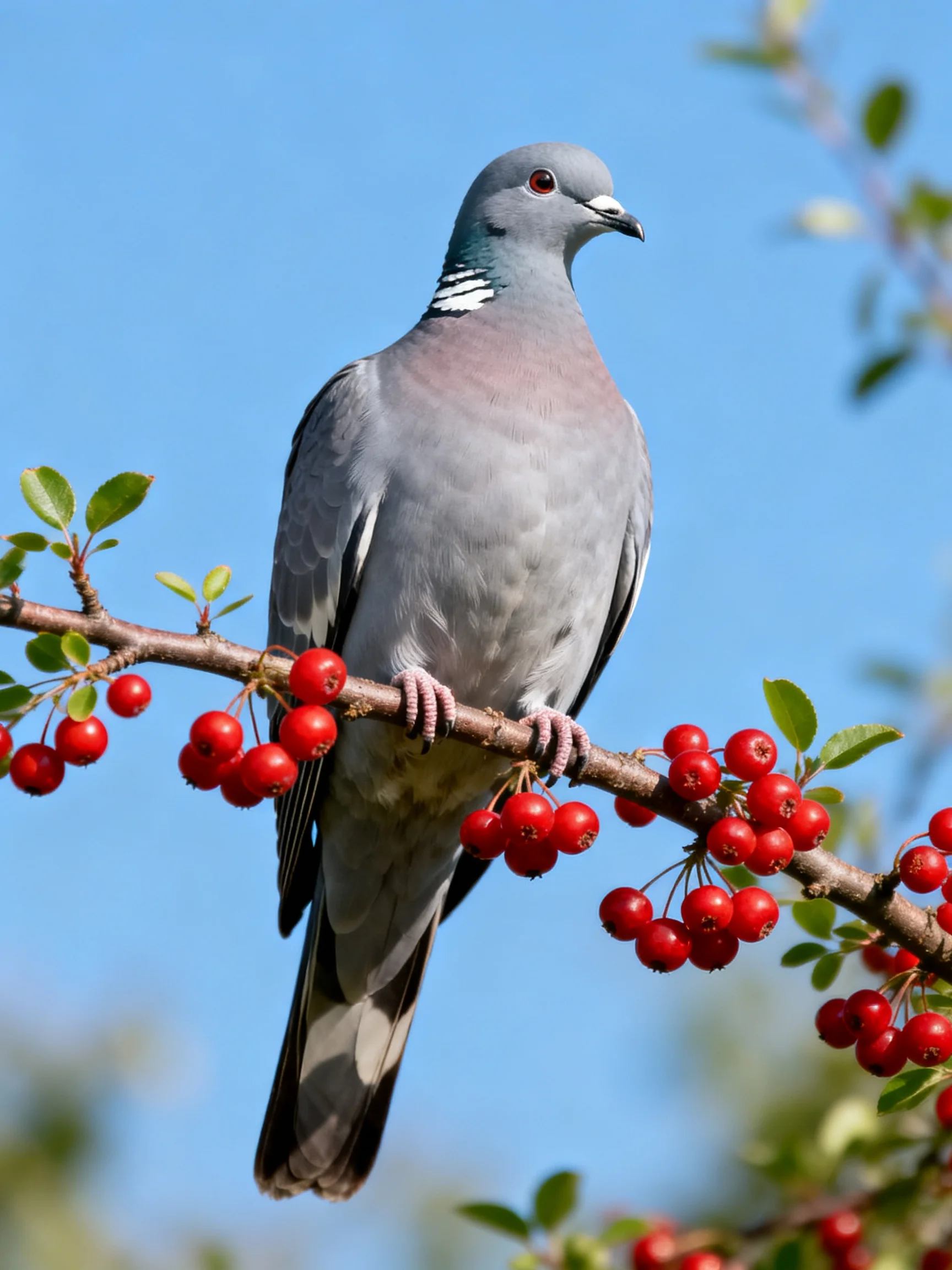 A gray pigeon perched on a branch with vibrant red berries